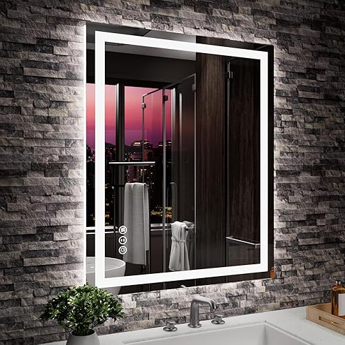 Amorho Espejo LED para baño de 24 x 30 pulgadas con luz frontal y retroiluminación, regulable continuo, a prueba de roturas, memoria, 3 colores,