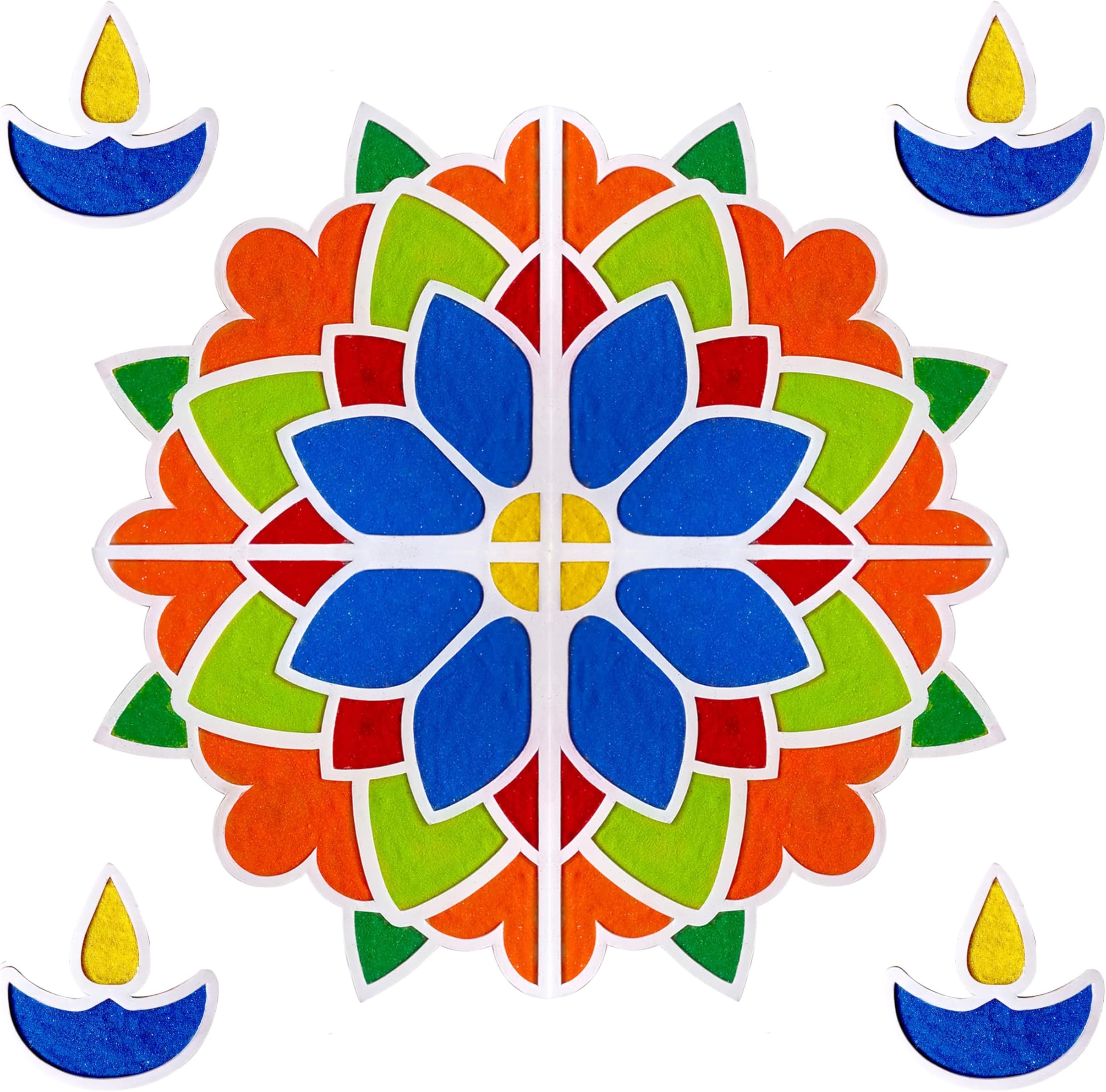 DIY Rangoli Mats for Pooja Decoration, 4 Pieces MDF 18 Inches Lotus Flower Rangoli Stencils for Door Entrance Big Size, 6 Rangoli Powder Colors, 2 Diwali Diya for Home Decor