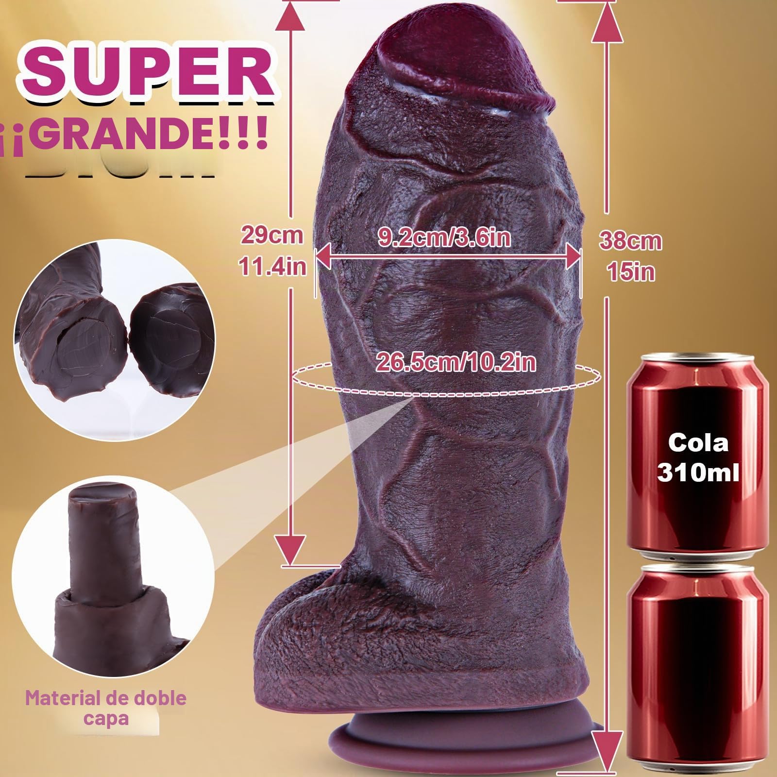 Dildo gigante de 9,2 cm de diámetro, 38 cm de largo, grueso, con ventosa, estimula el punto G, silicona de doble densidad, juguete anal XXXL, ideal para hombres y mujeres expertos