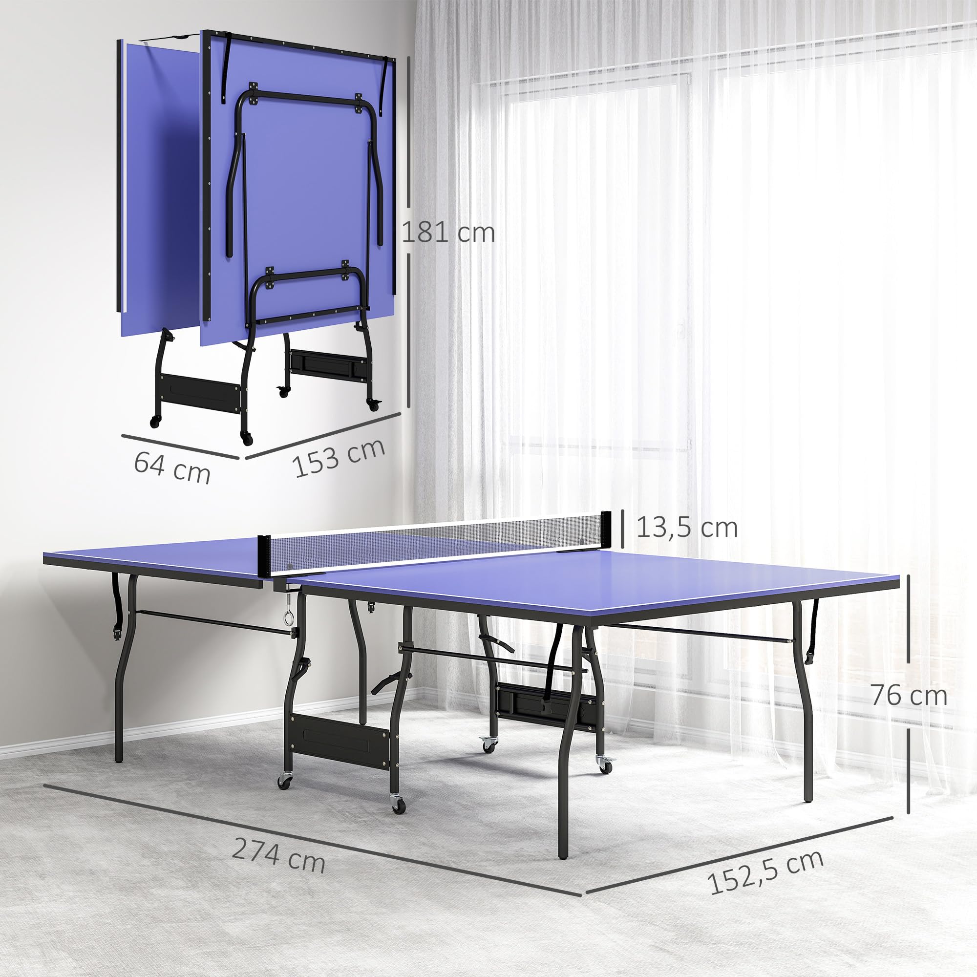 SPORTNOW Mesa de Ping-Pong Plegable Tamaño Estándar con 4 Ruedas, Red, 2 Paletas y 3 Pelotas 274x152,5x76 cm Azul