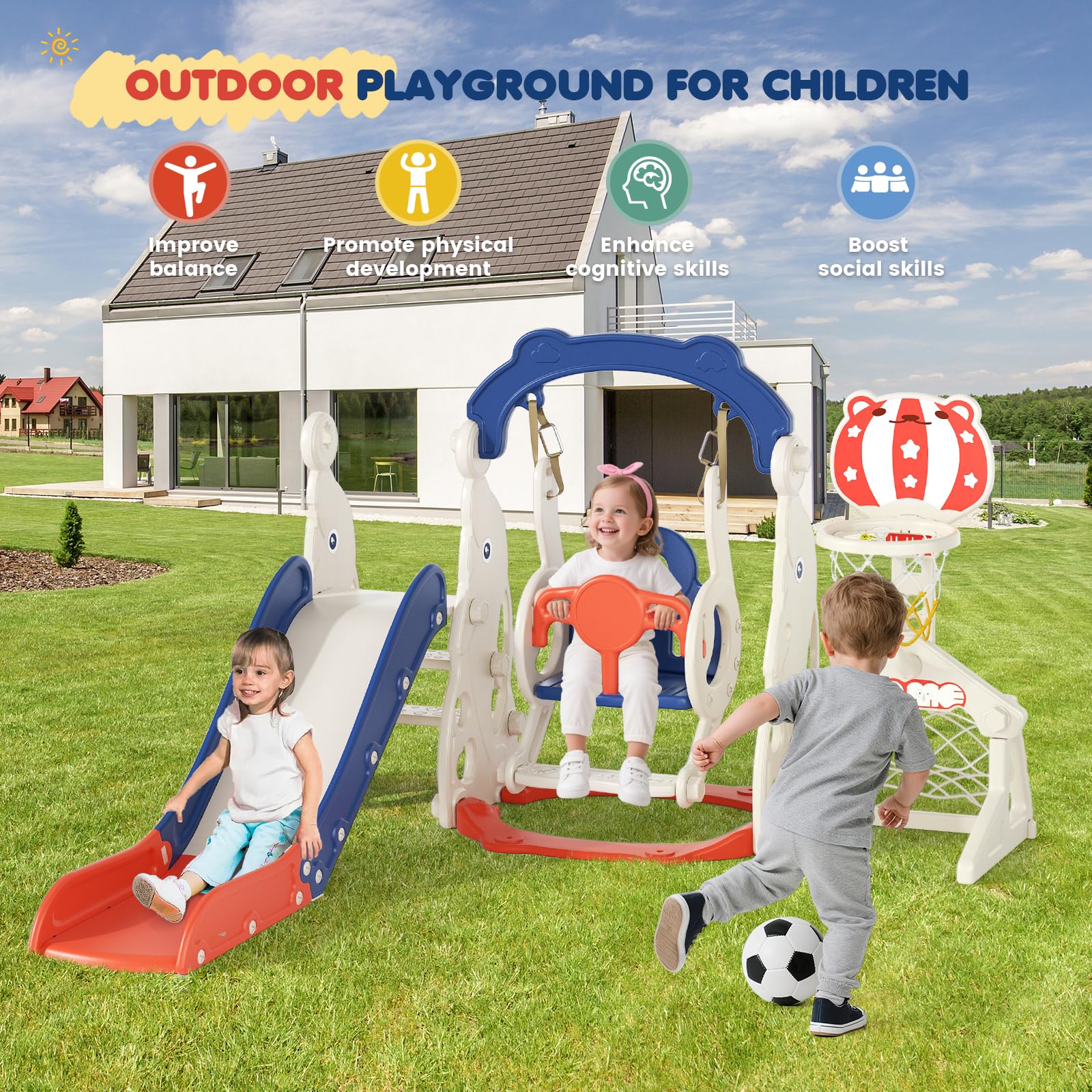 10-in-1 Kleinkindrutsche, Kinderspielhaus mit Basketballkorb, magnetischer Zeichentafel, für drinnen und draußen (Rot)