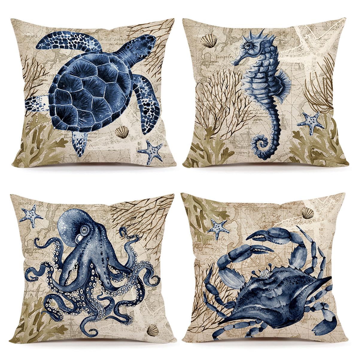 4TH Emotion Summer Ocean Throw Pillow Covers 18 x 18 Inch Set of 4, Sea Turtle Octopus Crab Seahorse Summer Beach Cushion Case for Home Sofa Couch Decoration TH197