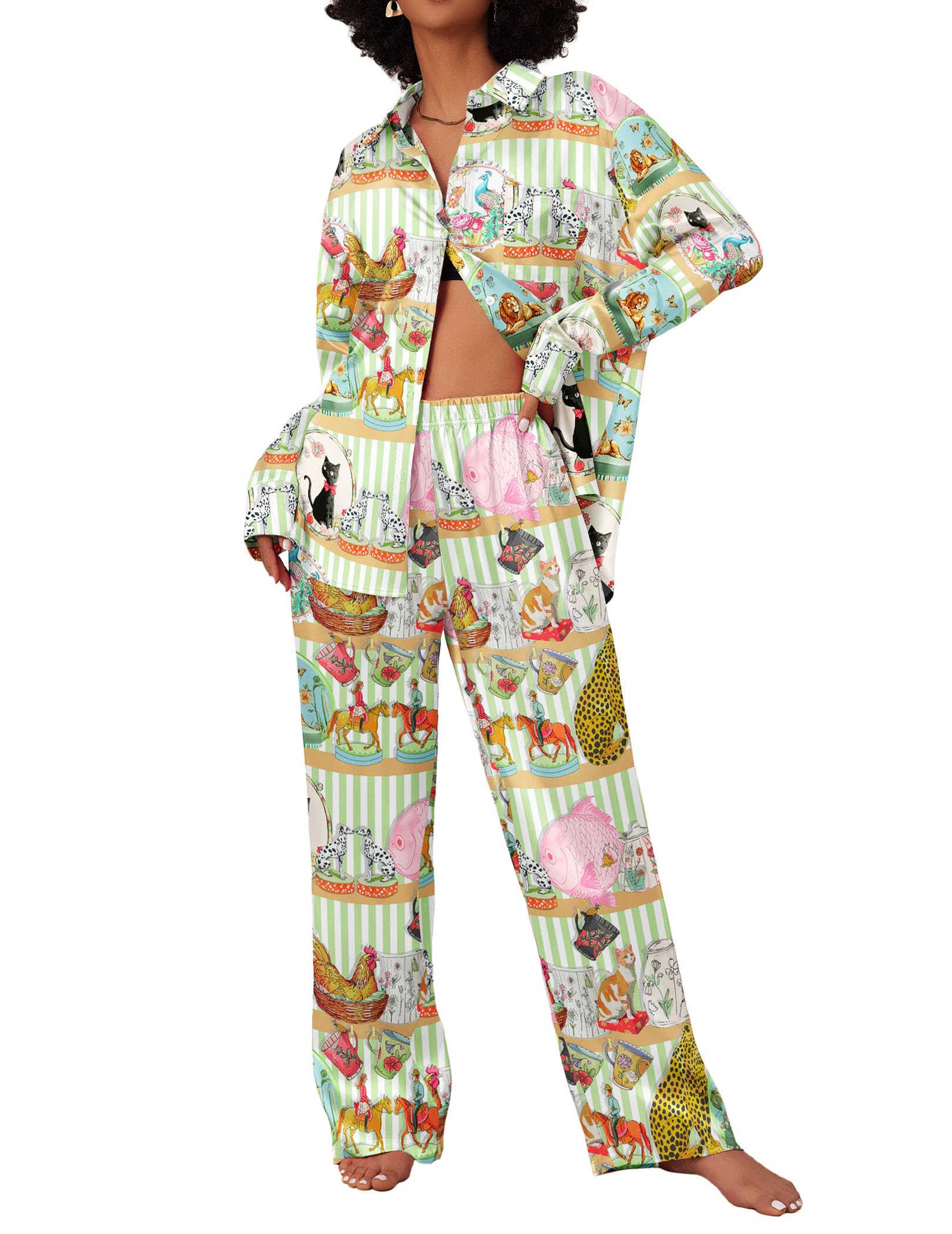 EkouaerWomens Satin Silky Pajama Set 2 Piece Print PJs Soft Loungewear Button Down Sleepwear with Elastic Waist Long Pants