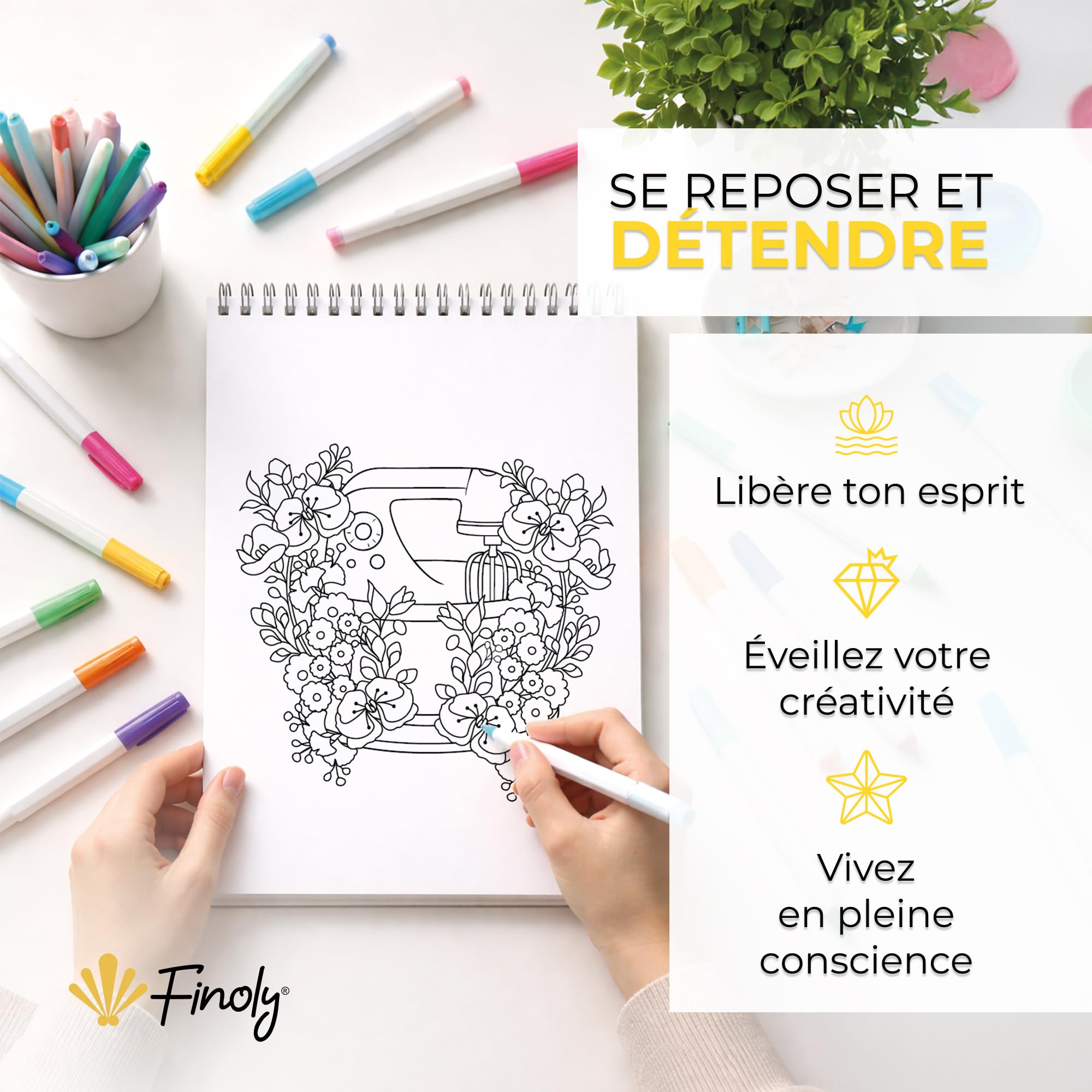 Finoly Livre Coloriage Adulte Fleurs A4 Réduit le Stress | Mandalas a Colorier Adulte Débutants et Confirmés | Coloriage Mandala Adulte Mindfulness Anti Stress Encre qui ne Transperce Pas (Jour)