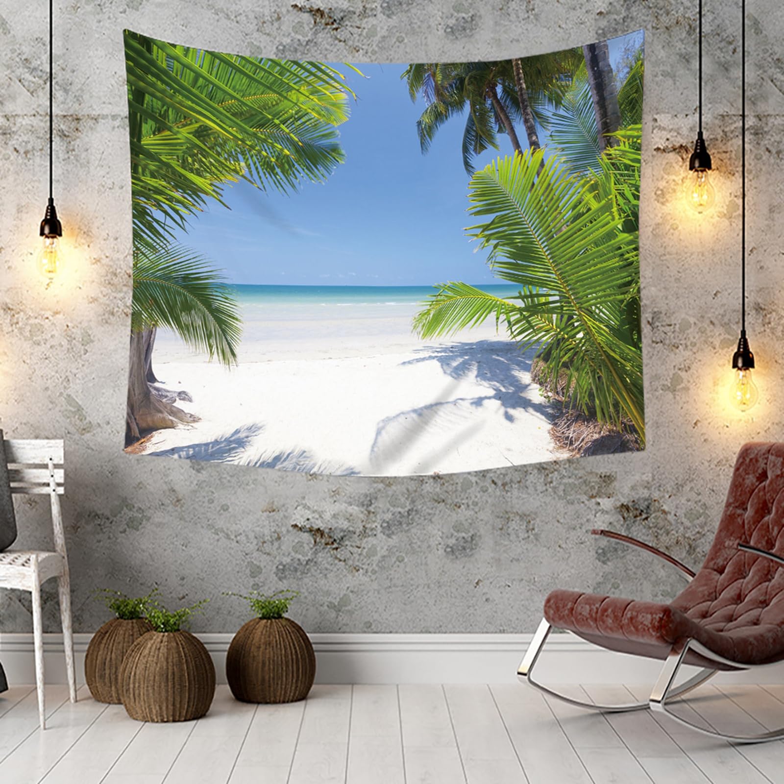 RDSGYZ Dywan ścienny do pokoju dziecięcego, 260 x 240 cm, zasłona ścienna z motywem krajobrazu, na plażę, palmy kokosowe, chusta na ścianę, dekoracja ścienna, do mieszkania, sypialni