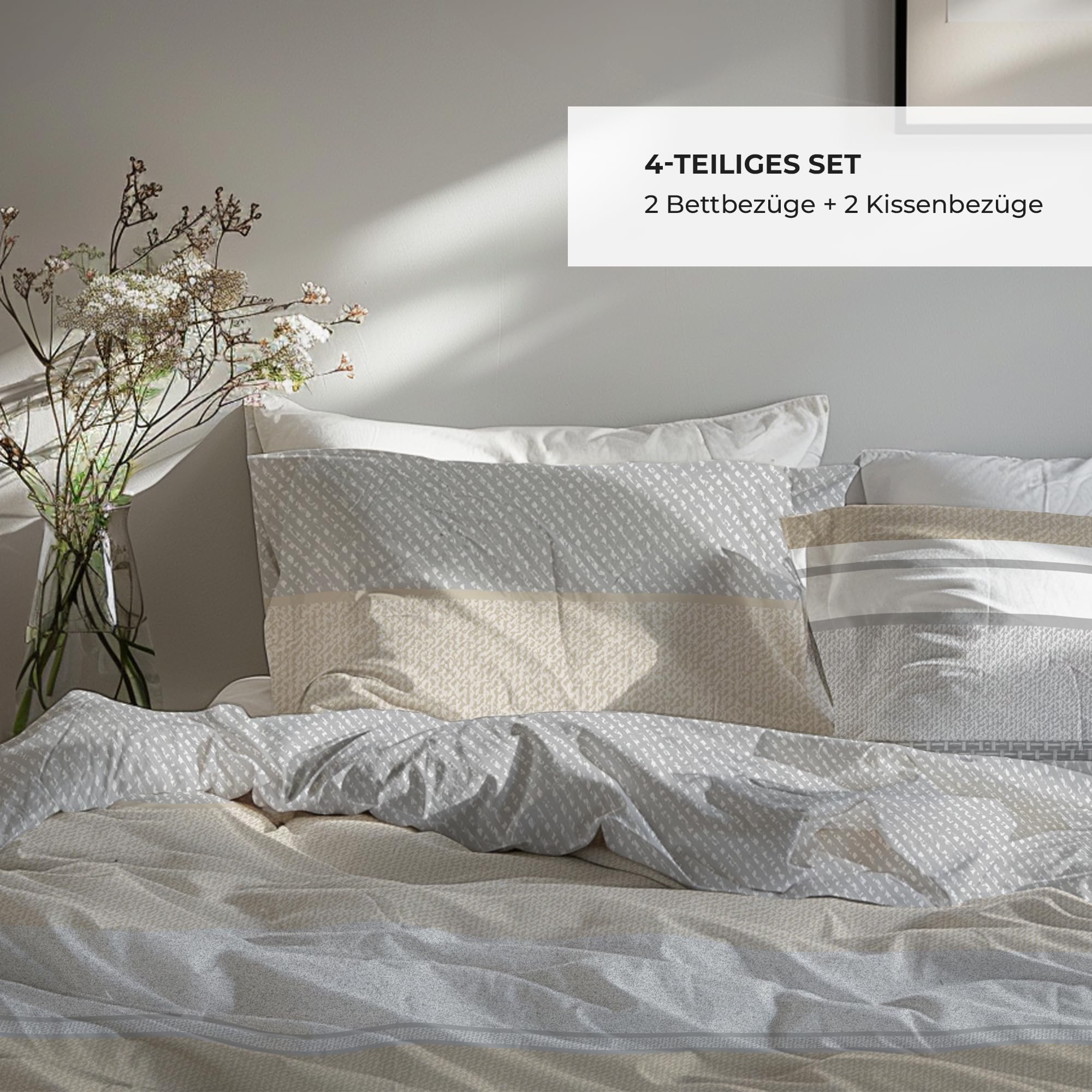 Biancheria da letto di alta qualità, 135 x 200 cm, 4 pezzi, copripiumino da 135 x 200 cm, con 2 federe da 80 x 80 cm, 2 copripiumini in cotone traspirante con chiusura lampo, set di biancheria