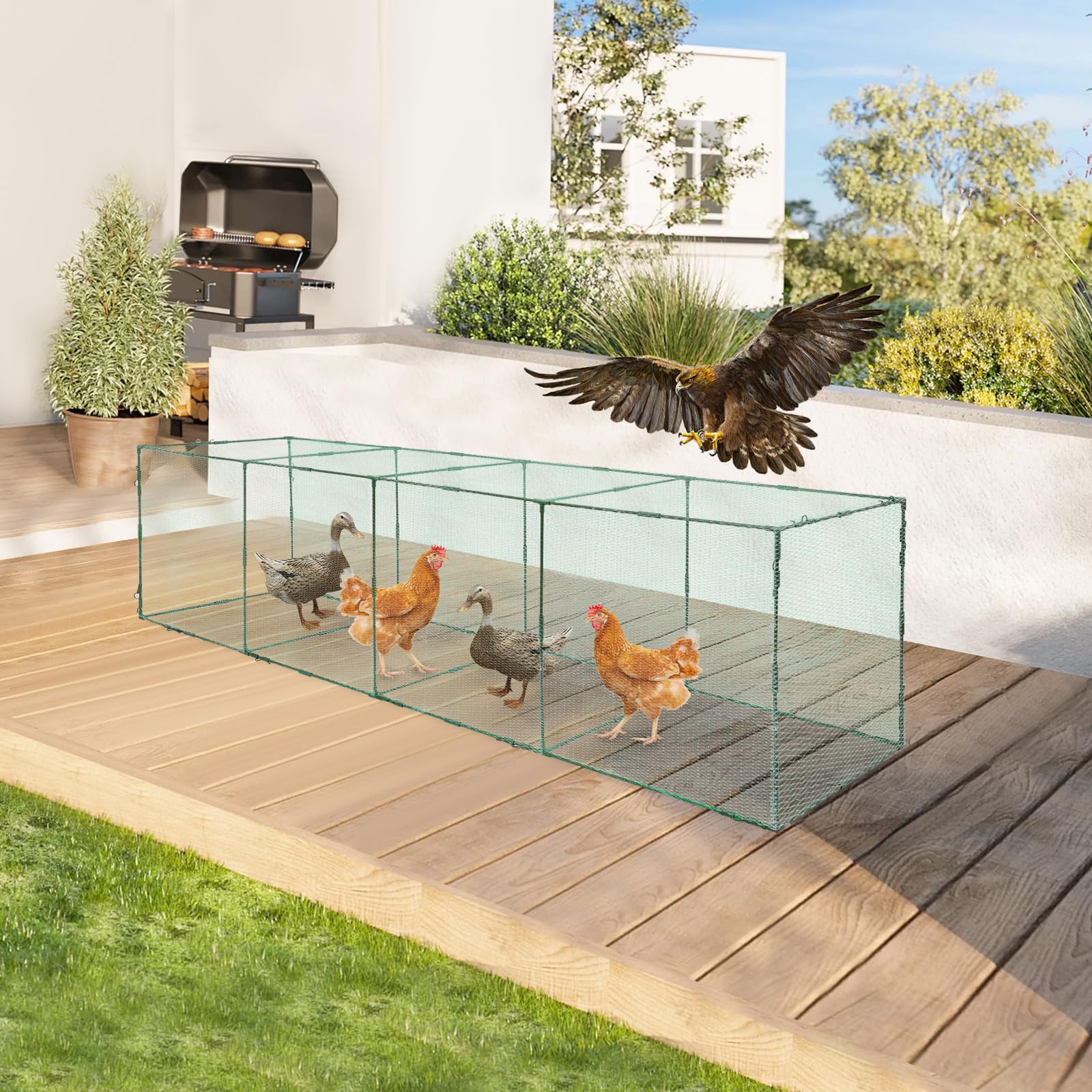 Tunnel pour poules - 320 x 80 x 80 cm - Portable - Grand tunnel pour poulets - Parc mobile pour volailles - Cadre en acier robuste avec filet en nylon - Pour 20 à 30 poules, canards et lapins