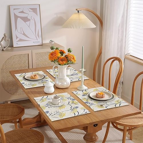 Miniatura 5 de Juego de 4 manteles individuales de lino de algodón de lino lavable de temporada con diseño de pájaro azul para fiesta, cocina, comedor, decoración