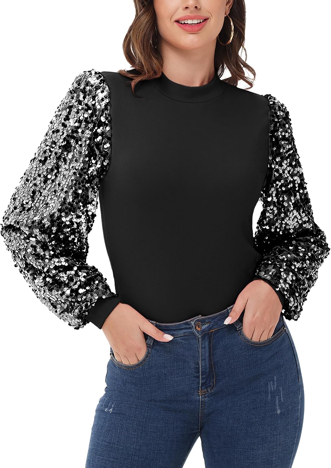 Anna-Kaci Women's Confetti Sequin Balloon Long Sleeve Mock Neck Pullover Sweatshirt