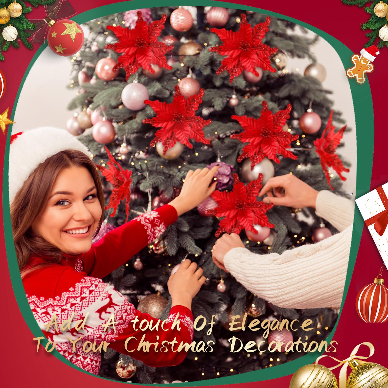 12 flores de Navidad artificiales de tela con purpurina de 10 pulgadas con clips, adornos de árbol de Navidad de cabeza grande con tallos para bodas, fiestas (rojo)