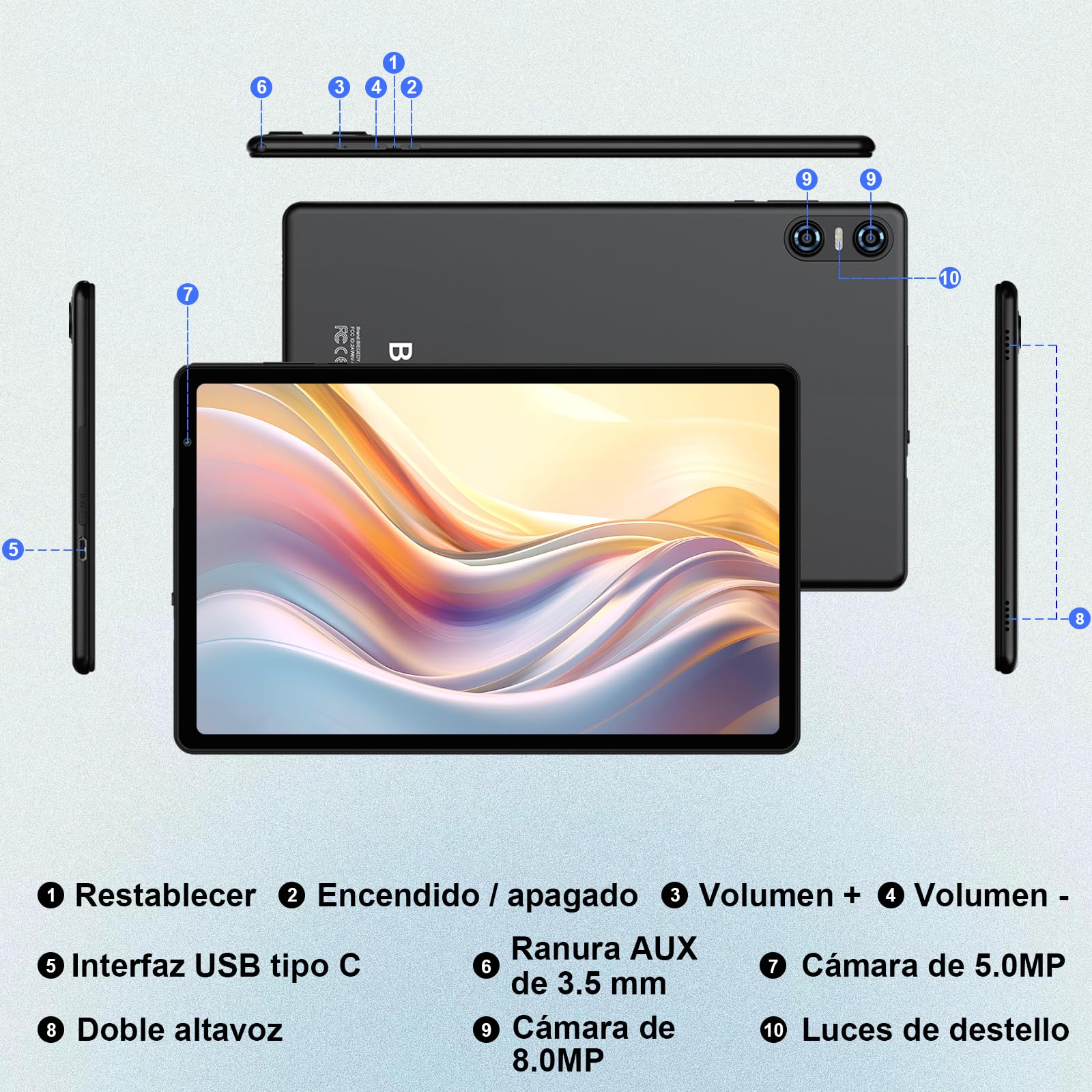 Tablet 10 Pulgadas Android, 20GB RAM + 128GB ROM (TF 1TB), Octa-Core, Widevine L1,GMS/Dual Band WiFi 6/5 MP + 8 MP / 1280 * 800 Pixels/Bluetooth 5.0, Tablet con Funda Negro — view 8