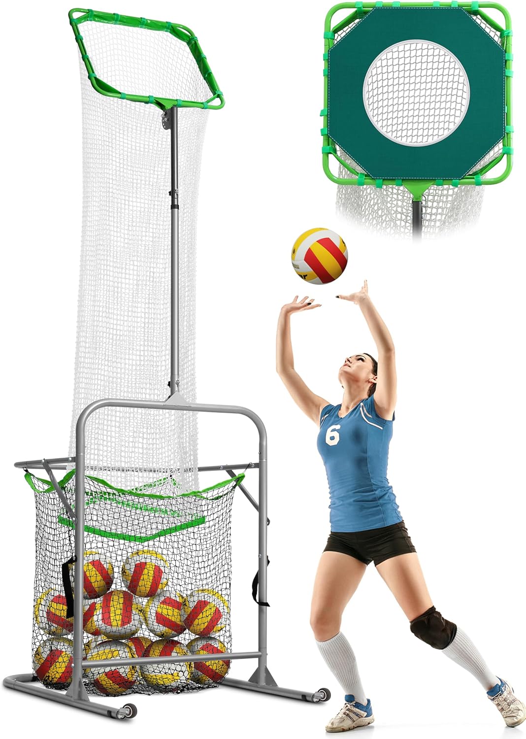 Volleyball Setter Training Net Equipment, Setting Trainer with Target Hoop, Precision Cloth, Ball Collection, Adjustable 5 Heights (4.7-9.8 ft) 6 Angles