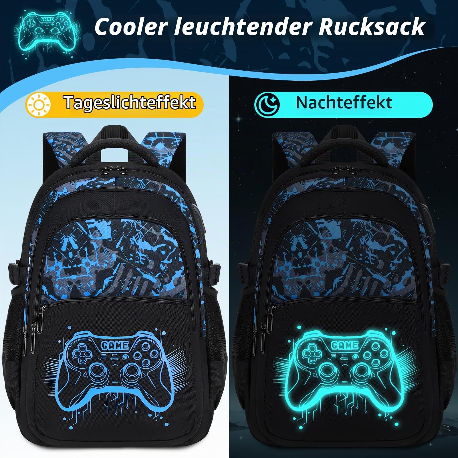 Schulrucksack Set Jungen mit Federmäppchen, Gaming Design | Großer Schulrucksack mit Leuchtendem Gaming Design, Ideal für Grundschule und Sekundarstufe