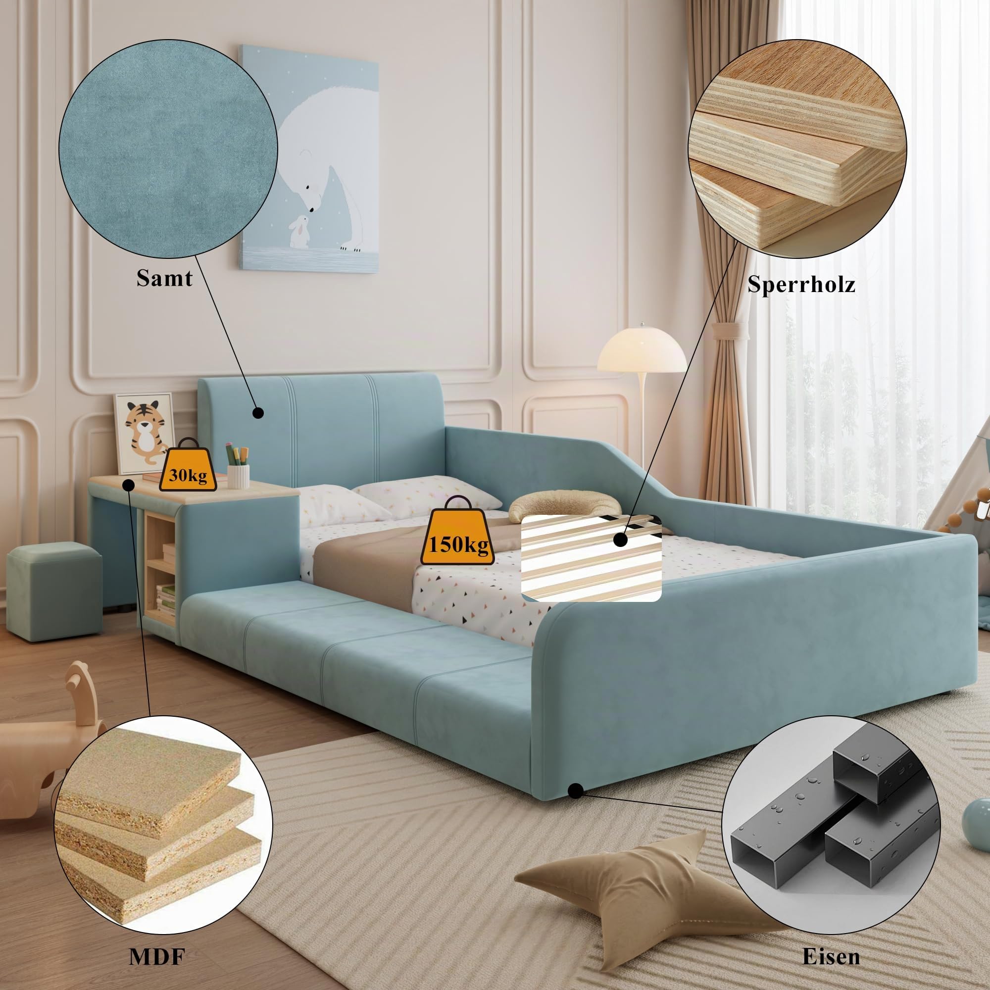 Dolamaní Polsterbett 90x200 cm Kinder mit Schreibtisch und Hocker, Einzelbett Mit Ablageboden und Polster Kopfteil, Bett mit Holz Lattenrost, Kinderhochbett Samt ohne Matratze (Blau)