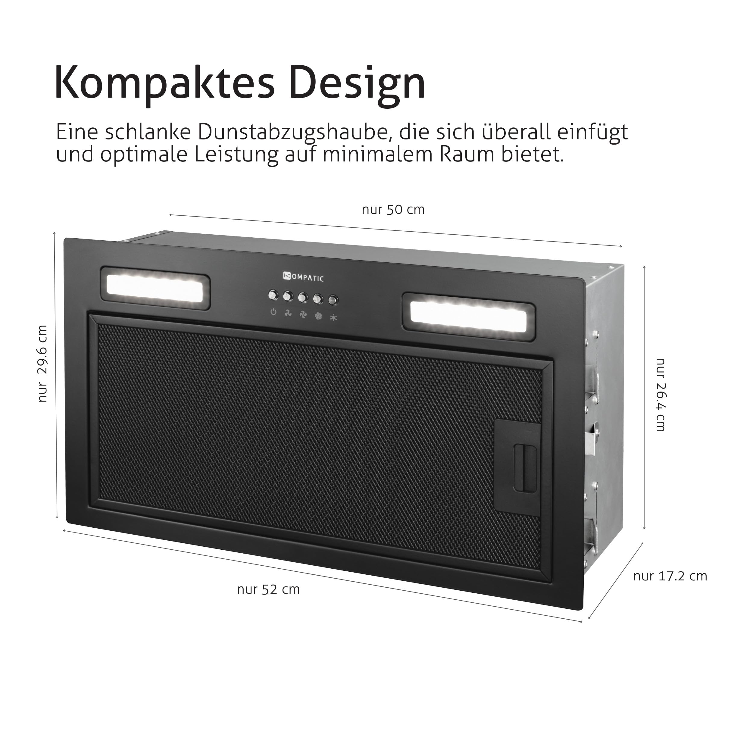 Lane 50 KLN50BI Einbau Dunstabzugshaube, A+++, 50 cm, 450 m³/h, Aktivkohlefilter KCF4 inklusive, Abluft/Umluft, Elektronische Steuerung, Timer, LED-Beleuchtung, 3 Stufen + Boost, Schwarz