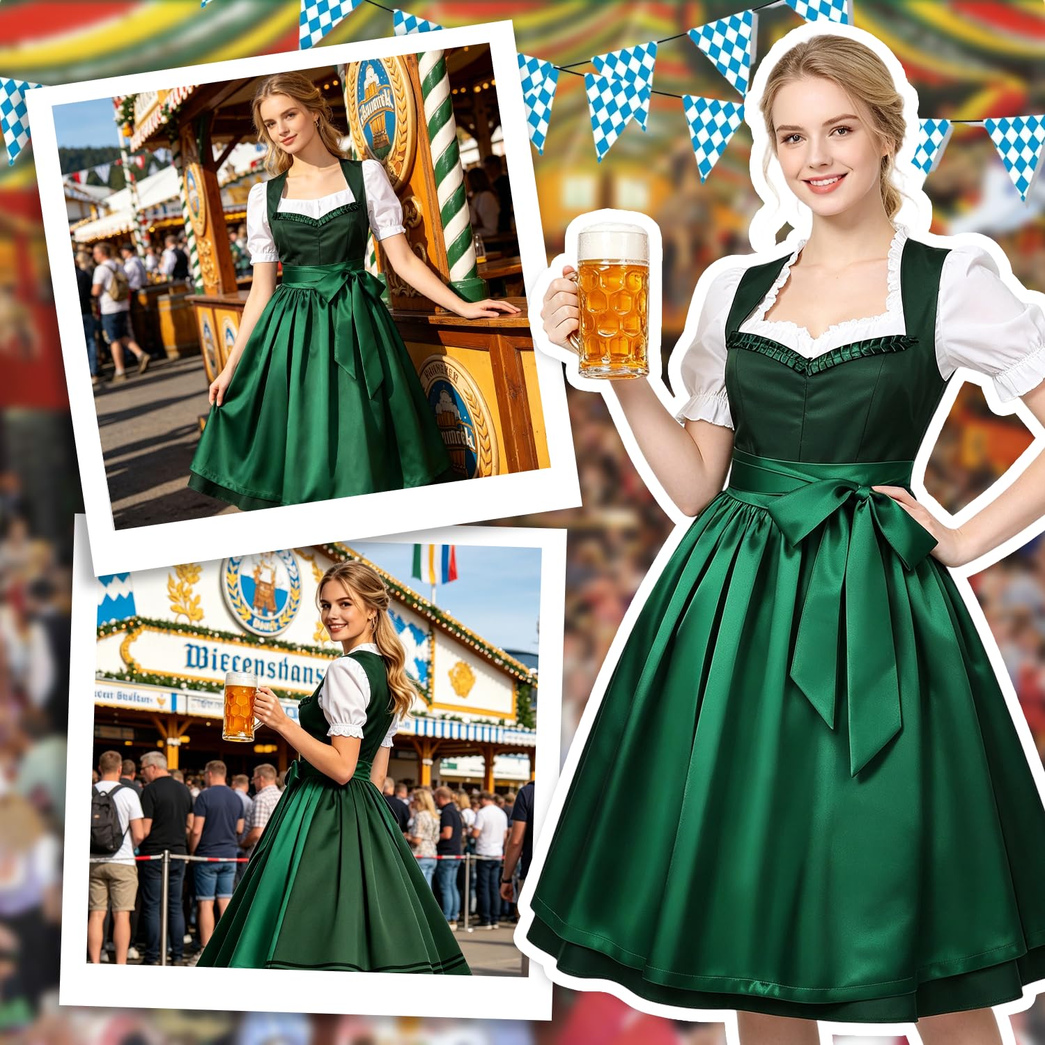 Dirndl Damen Midi Lang, Trachtenkleid mit Dirndlschürze, Grün Größen XXL Dirndl Trachtenrock Trachtenmode Dirndlkleid, Damen Oktoberfest Outfit Dresses
