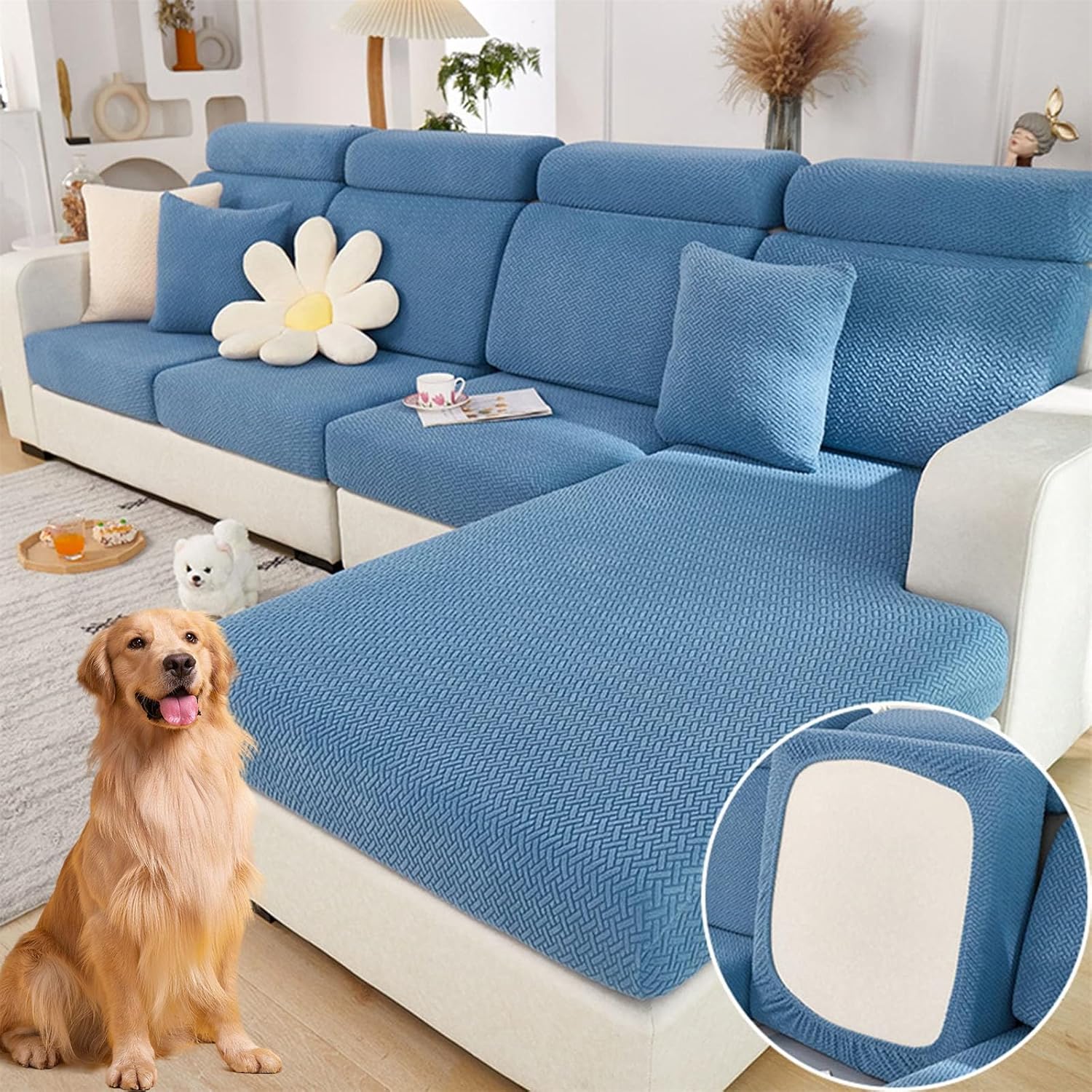 Soothing Home Sofa Covers,2025 New Magic Sofa Covers, Sofa Hero Covers for Couch,Wear-Resistant Washable Stretch Cushion Couch Covers for Sectional Sofa (Lake Blue, Chaise Cover)