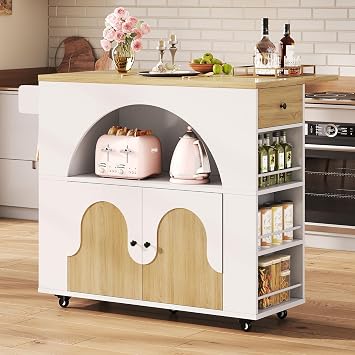 IRONCK 41.3" Kitchen Island with Drop Leaf &Open Shelf, White & Natural