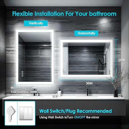 Miniatura 8 de Espejo de baño LED con luces de 48 x 36 pulgadas, espejo de tocador iluminado con parte delantera y retroiluminada, regulable continuamente, espejo