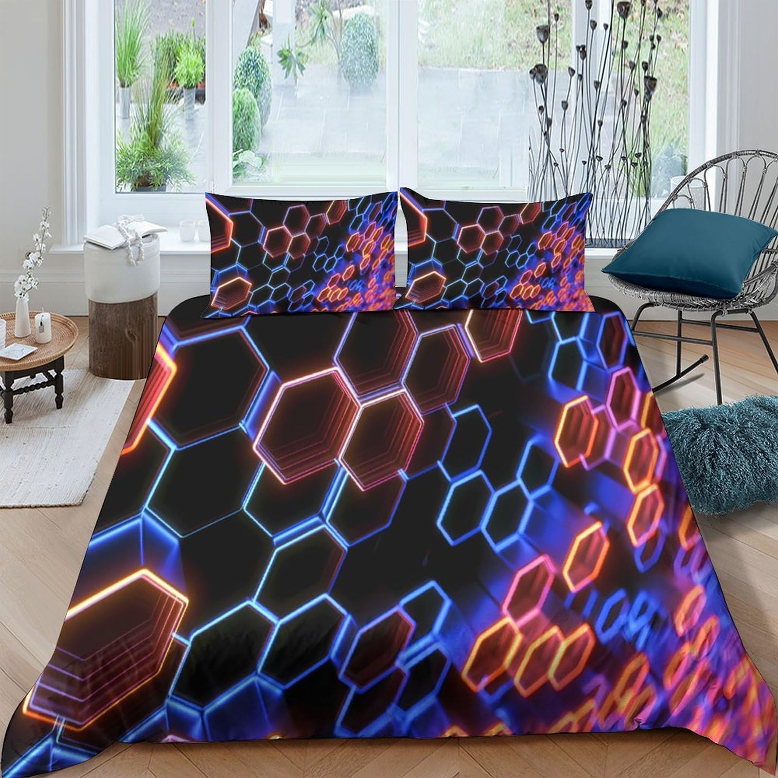 GPLZQXKJNH 3D Printed Hexagon Neon Duvet Cover Set Microfiber Soft Breathable Futuristic Bedding with 2 Pillowcases for Bedroom Decor Single（135x200cm）