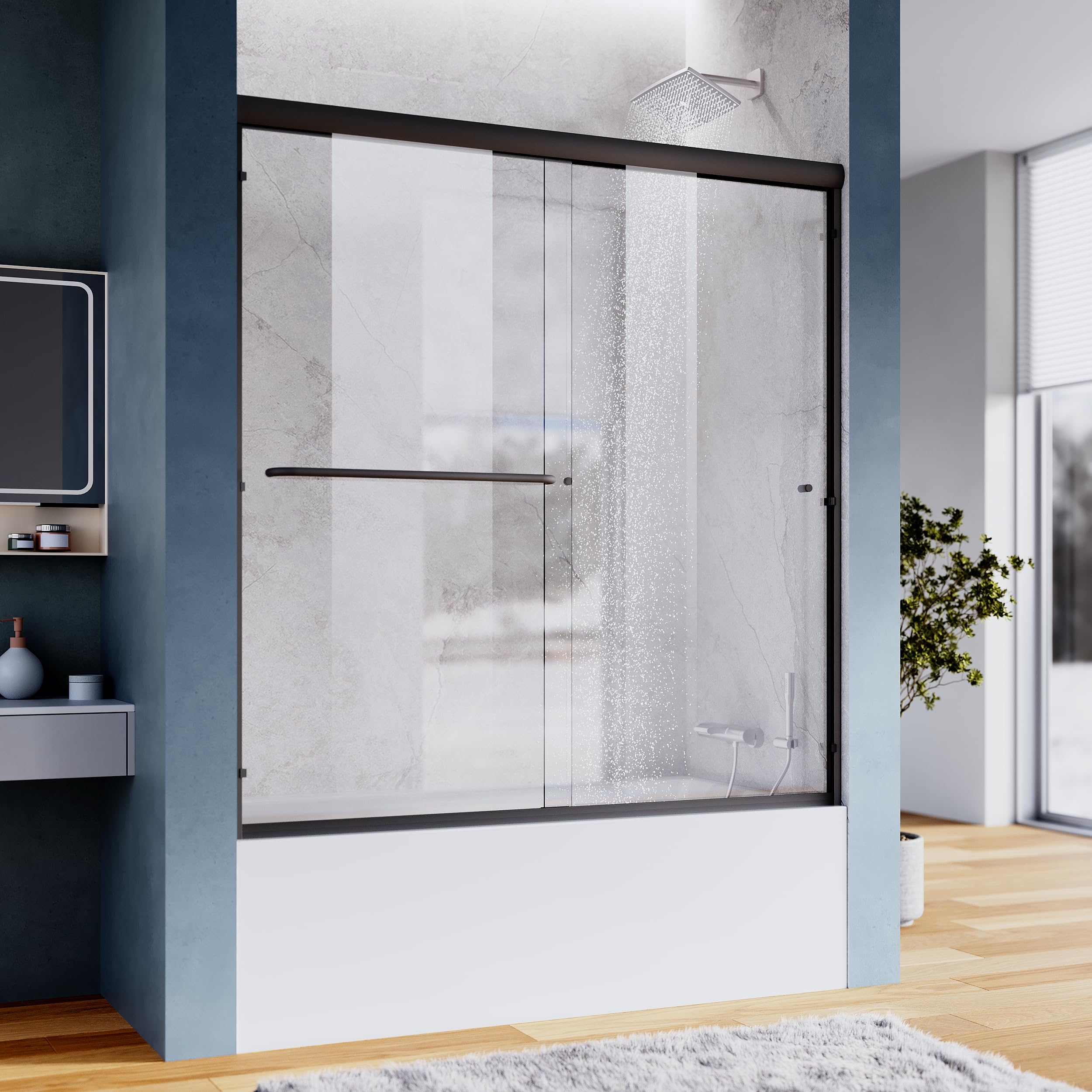 SUNNY SHOWER Bathtub Shower Door Glass Sliding Tub Door Semi-Frameless 1/4" Clear Glass Shower Enclosure Doors for Bathroom, Black Finish 58.5-60 in.W