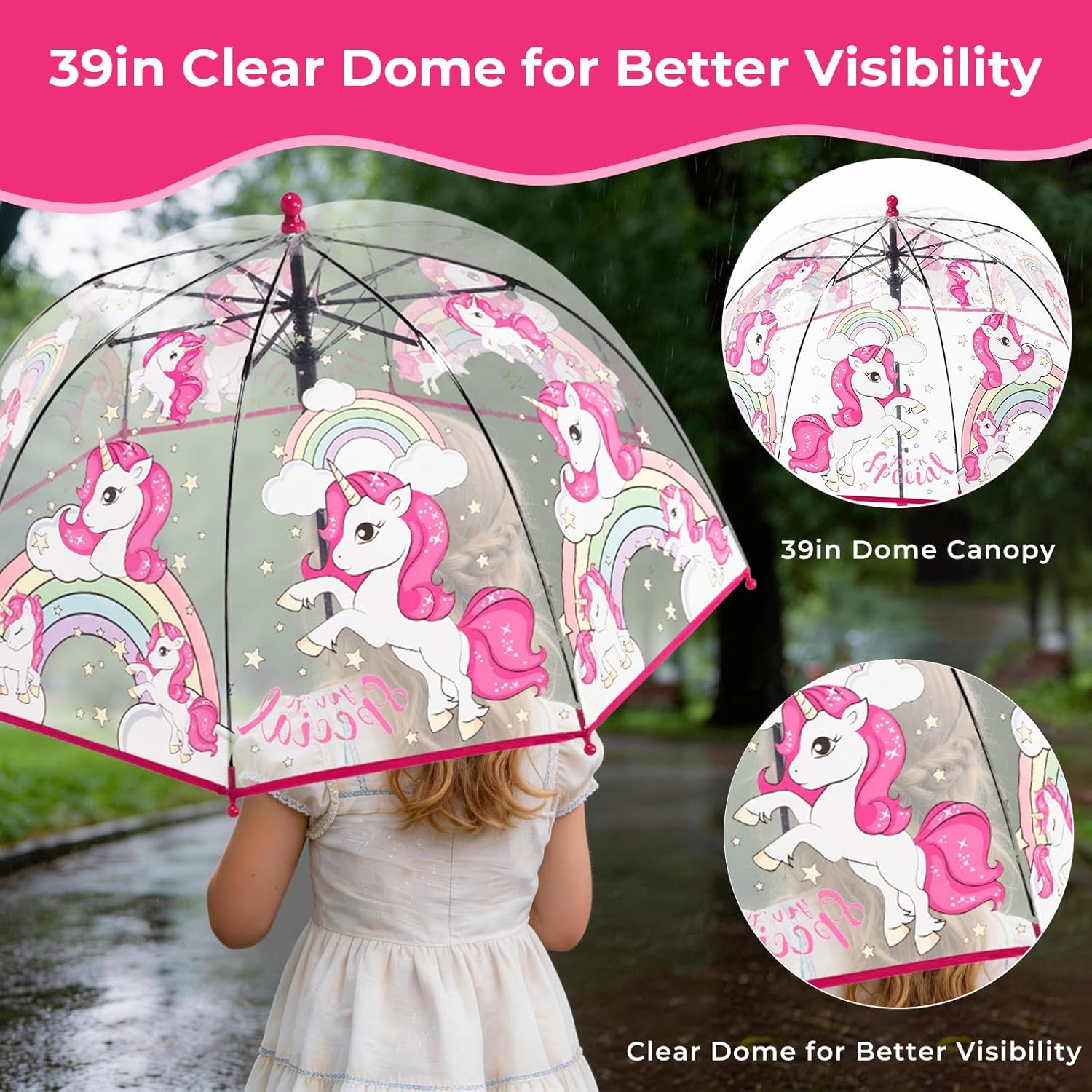 Kids Clear Bubble Umbrella for Girls & Boys, 39in Transparent Dome Umbrellas with Auto Open, Easy-Grip Handle, Pinch-Proof Closure, Rounded Tips, 0.6LB Lightweight Rain Umbrella for Ages 3–10 Clear Red Unicorn