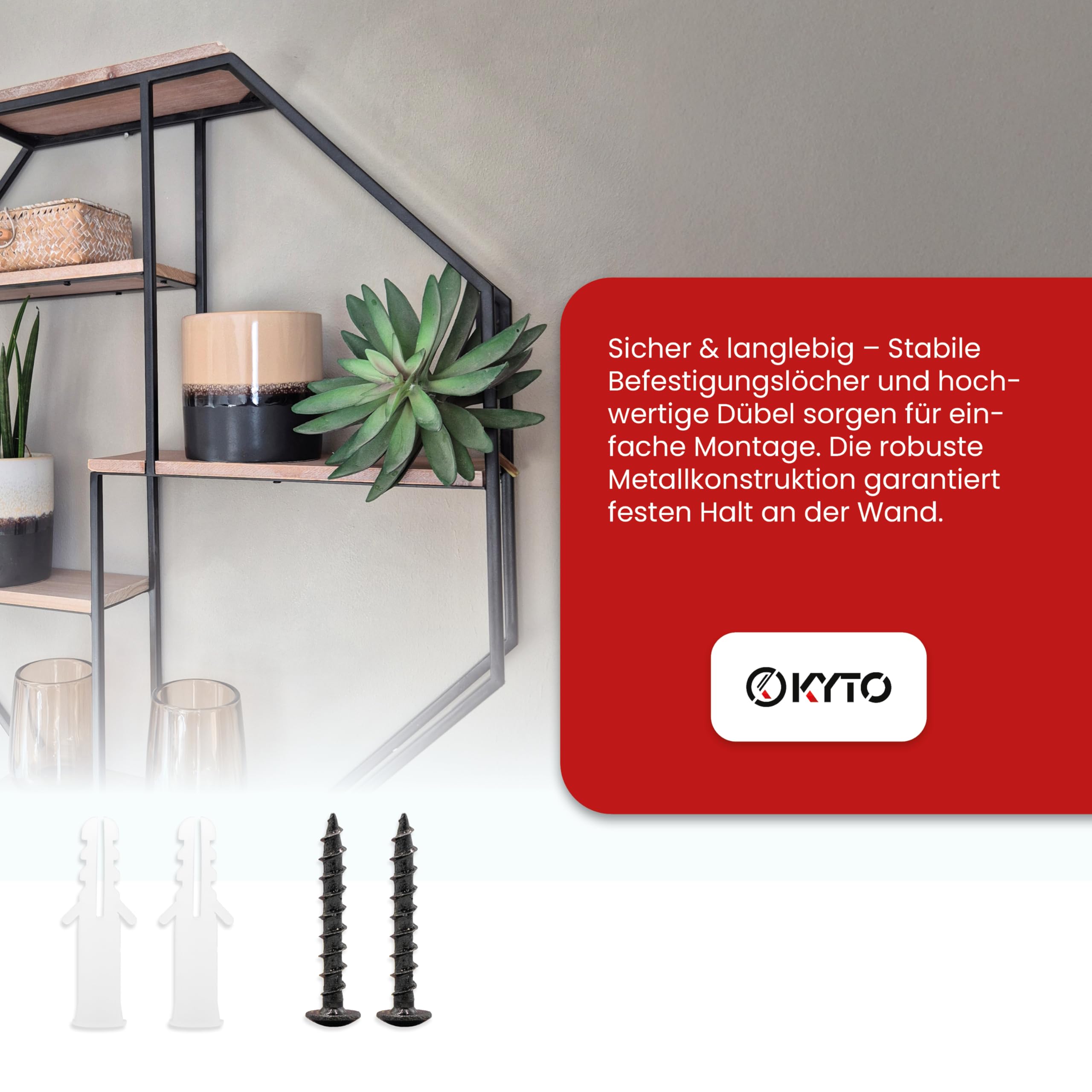 Kyto Wandregal Achteckig 60x60cm Durchmesser, Robustes Oktagon Deko Regal aus Metall Oktagonalform und 5 Holz Ebenen