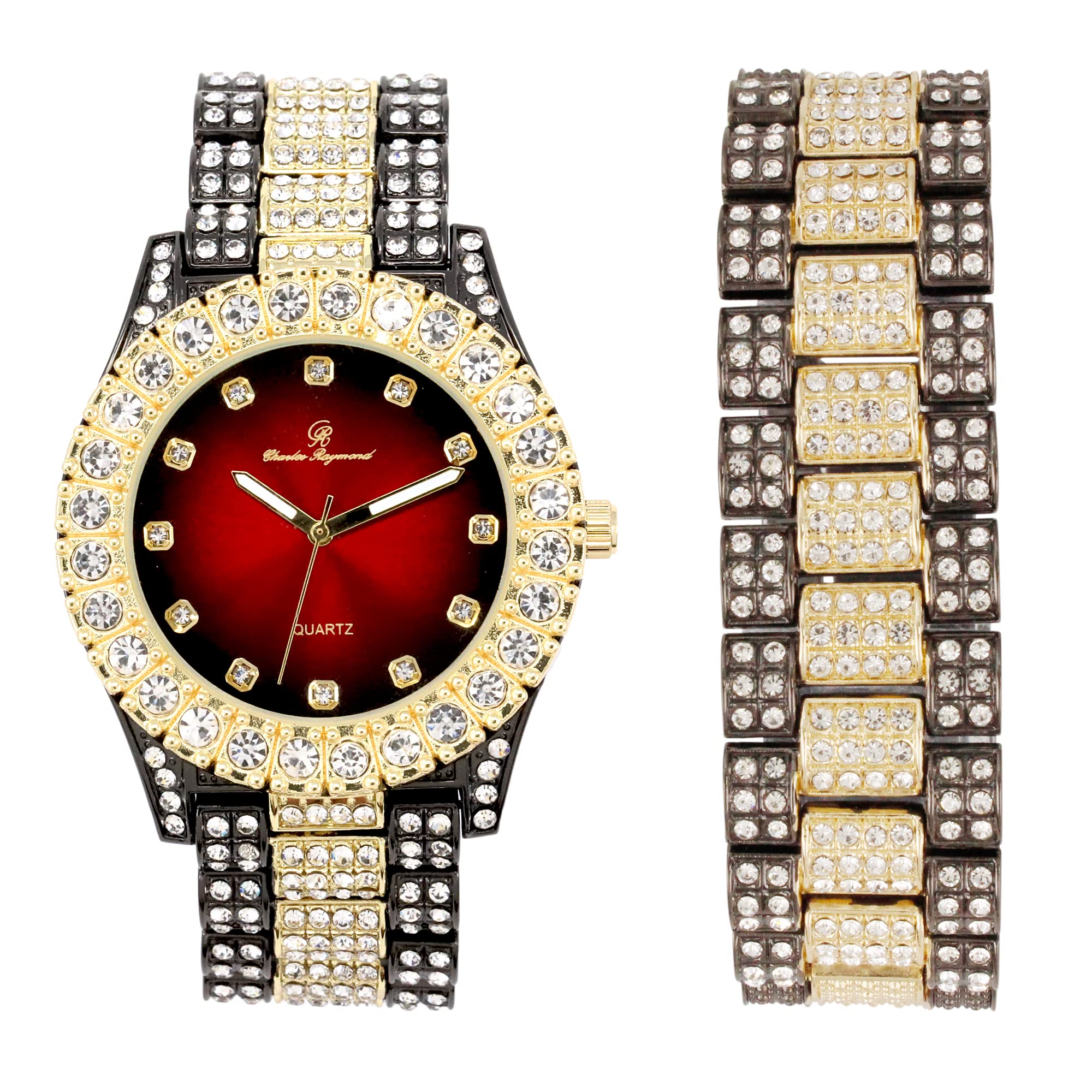 Charles Raymond Mens Silver Big Rocks with Roman Numerals Fully Iced Out Colorful Dial Watch w/Bling'ed Out Cuban Shiny Silver Bracelet - ST10327 RN Cuban