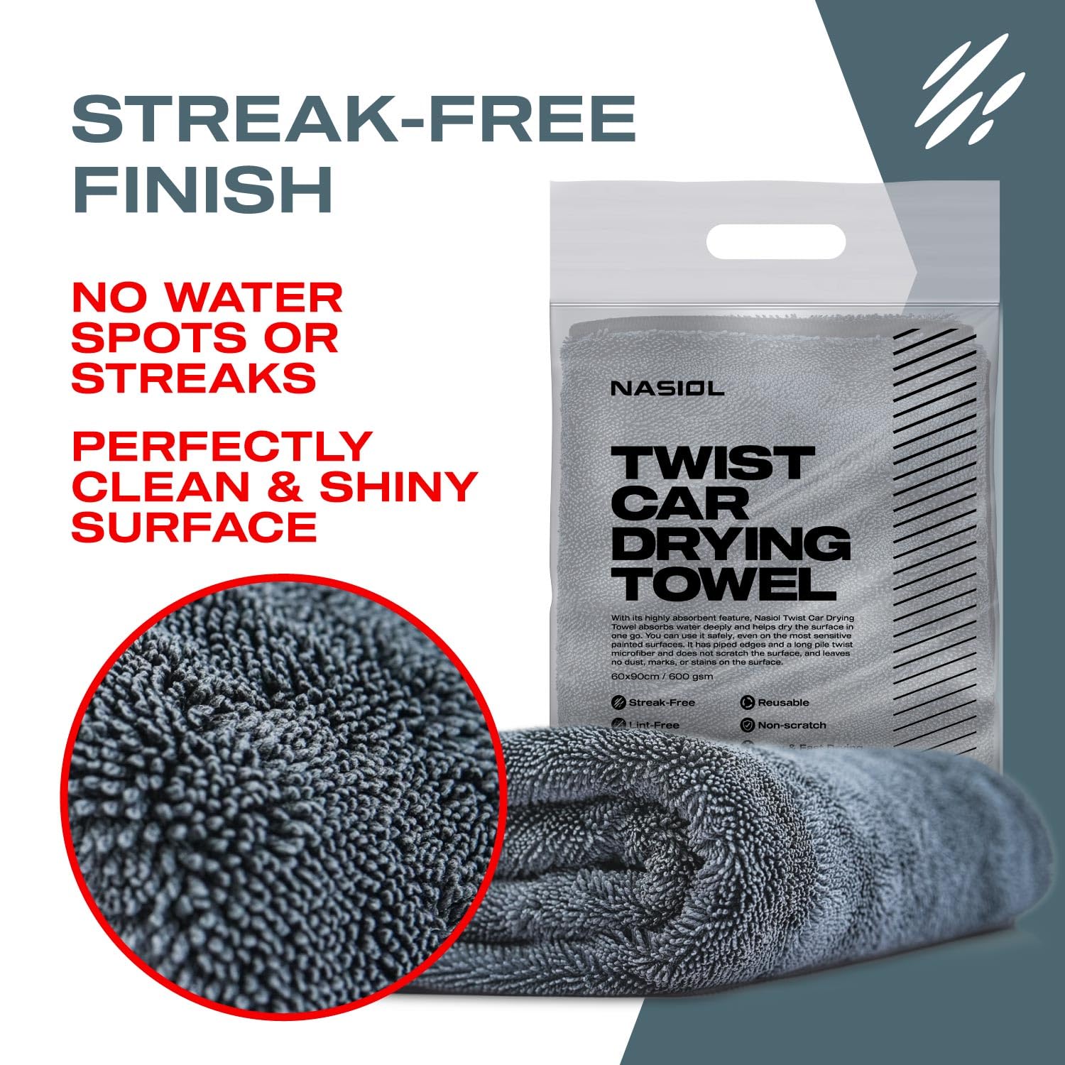 Nasiol Twist Car Drying Towel, Highly Absorbent Quick Dry, Soft Banded Edges - Scratch Free - Double Sided - Safe for Car Paint Microfiber Evo Detailing Towel (35 x 23 inch)