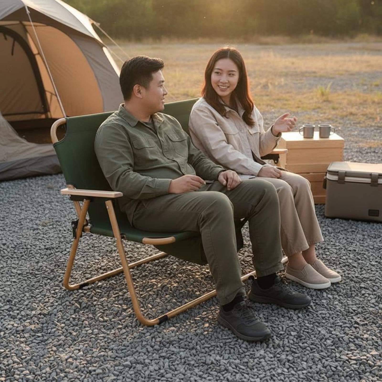 Outdoor Faltstuhl Doppel Campingstuhl Klappbank Loveseat mit Strapazierfähigem Oxford Bezug Stabilem Stahlrahmen Und Angenehmen Armlehnen Faltbar für, Khaki Rahmen Grün