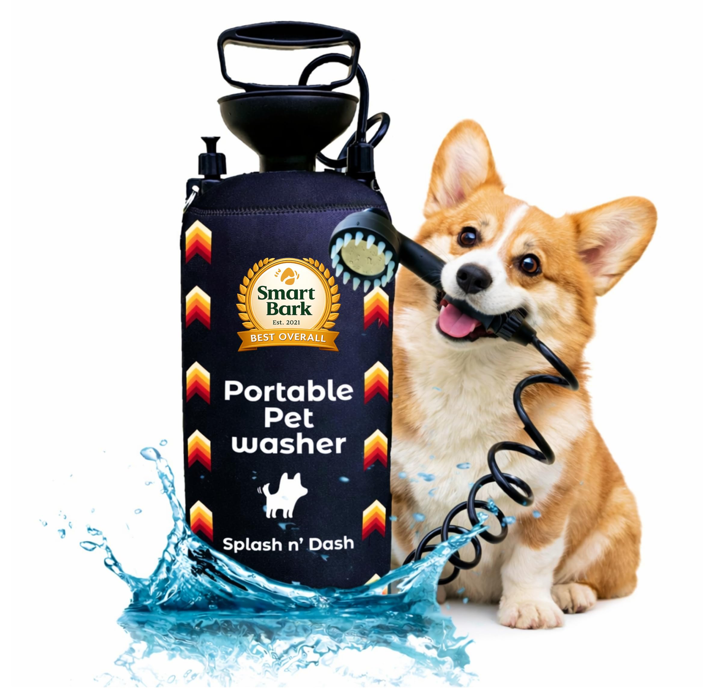 Splash n' Dash Douche portable pour chien 8 litres - Kit de douche manuel avec tête de brosse et veste en néoprène - Lave-chien portable pour la maison, les voyages ou l'extérieur