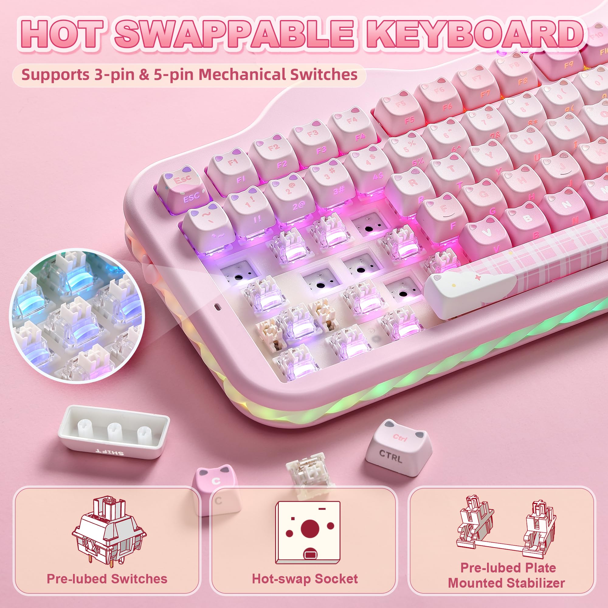 YUNZII C98 Klawiatura mechaniczna (Różowy, Milk V2 Linear Switch) | BT5.0/2.4G/USB-C, Hot Swap Gasket Mount, przezroczyste MOA keycapy, RGB, motyw Cake, Win/Mac