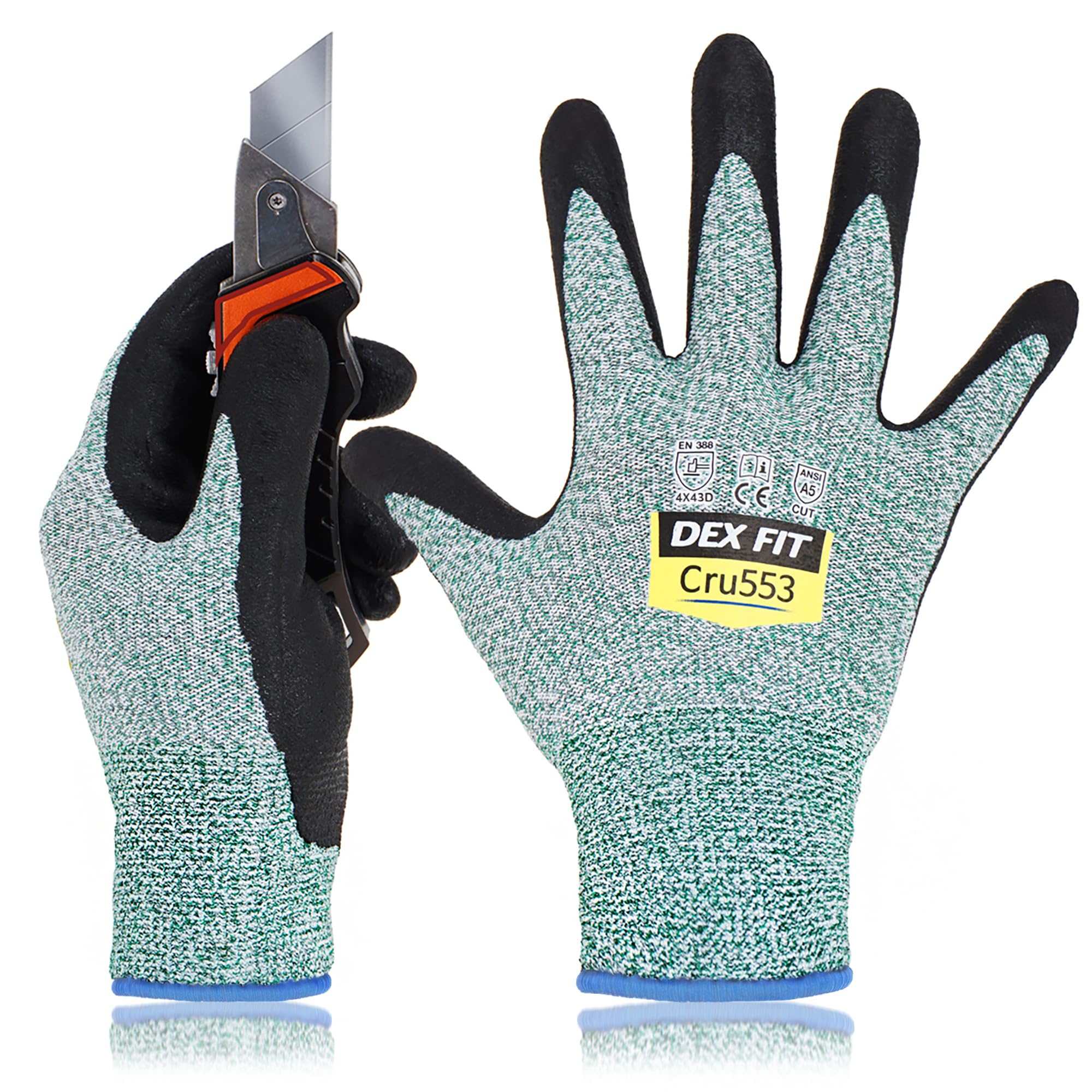 DEX FIT Level 5 Cut Resistant Gloves Cru553, 3D-Comfort Fit, Firm Grip, Thin & Lightweight, Touch-Screen Compatible, Durable, Breathable & Cool,