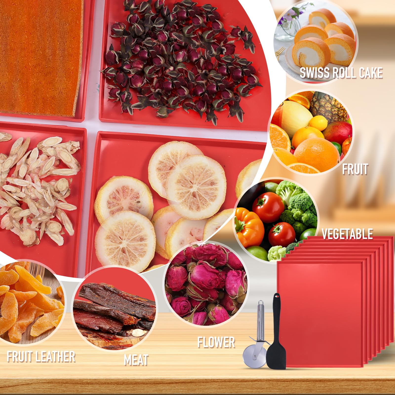 8 bandejas deshidratadoras de silicona para cuero de frutas de 12 x 10 pulgadas, alfombrillas deshidratadoras antiadherentes con borde para frutas, verduras, carne, hierbas, galletas líquidas con 7