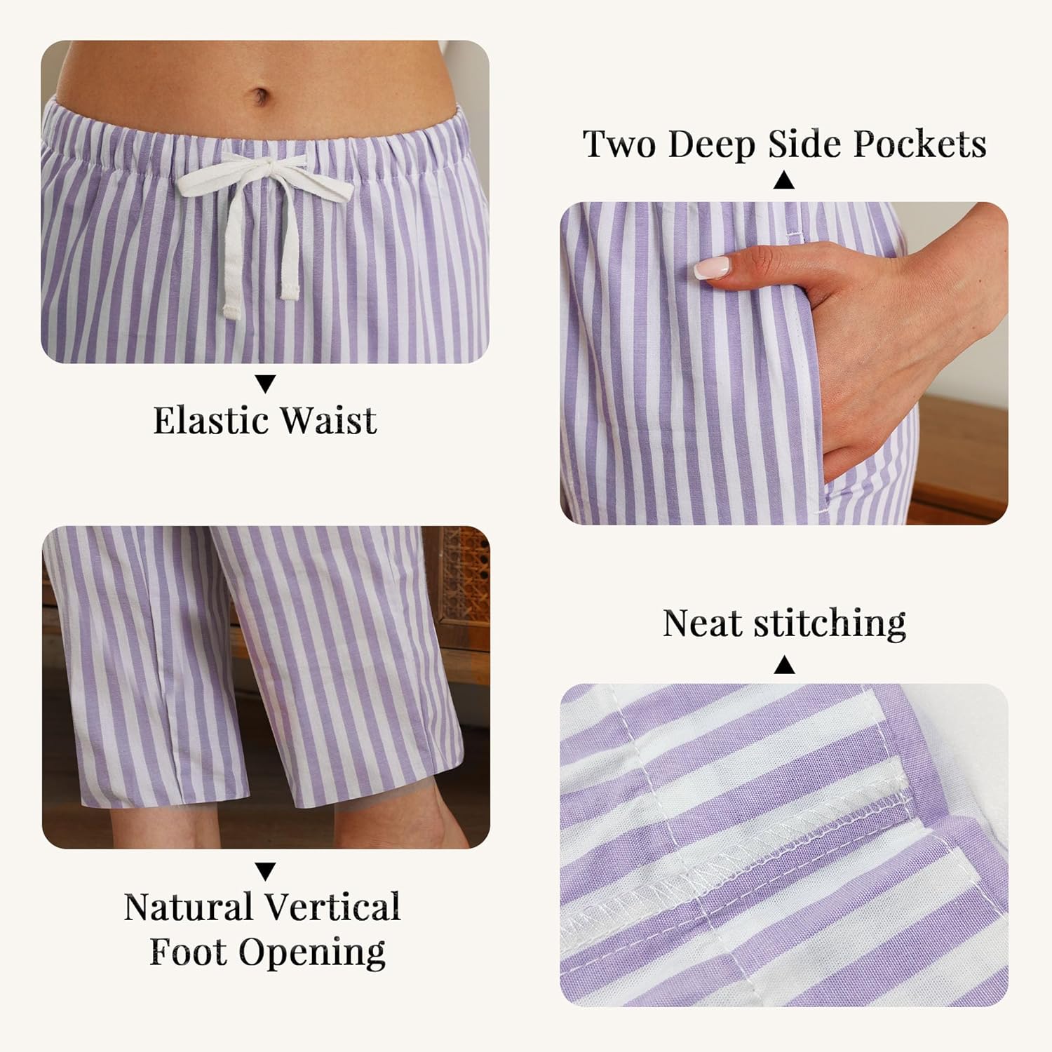 U2SKIIN Womens Striped 100% Cotton Pajama Pants, Soft Lounge Pj Bottoms with Pockets Lightweight - Image 3