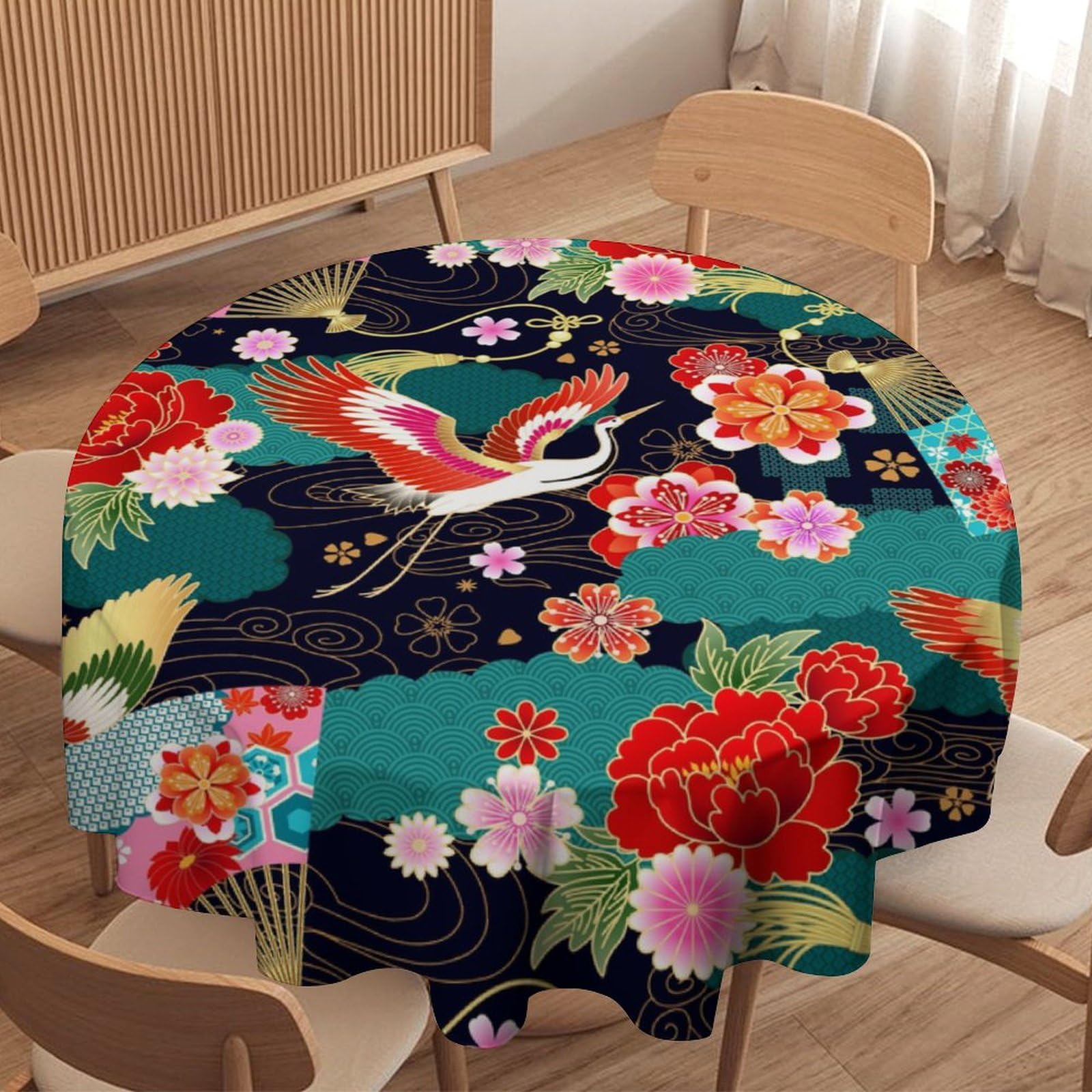 SHElifestyle Japanese Crane Round Tablecloth Oriental Vintage Asian Chinese Traditional Florals Table Cloth Water Resistant Wipeable Table Cover for