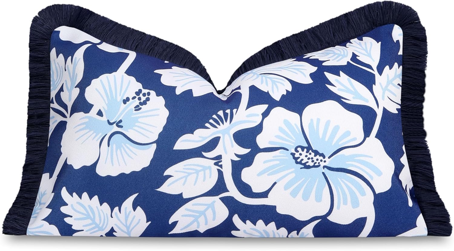 Hofdeco Premium Coastal Patio Indoor Outdoor Lumbar Pillow Cover Only, 12"x20" Water Repellent for Backyard, Couch, Navy Baby Blue Print Tropical Hisbucs Flowers