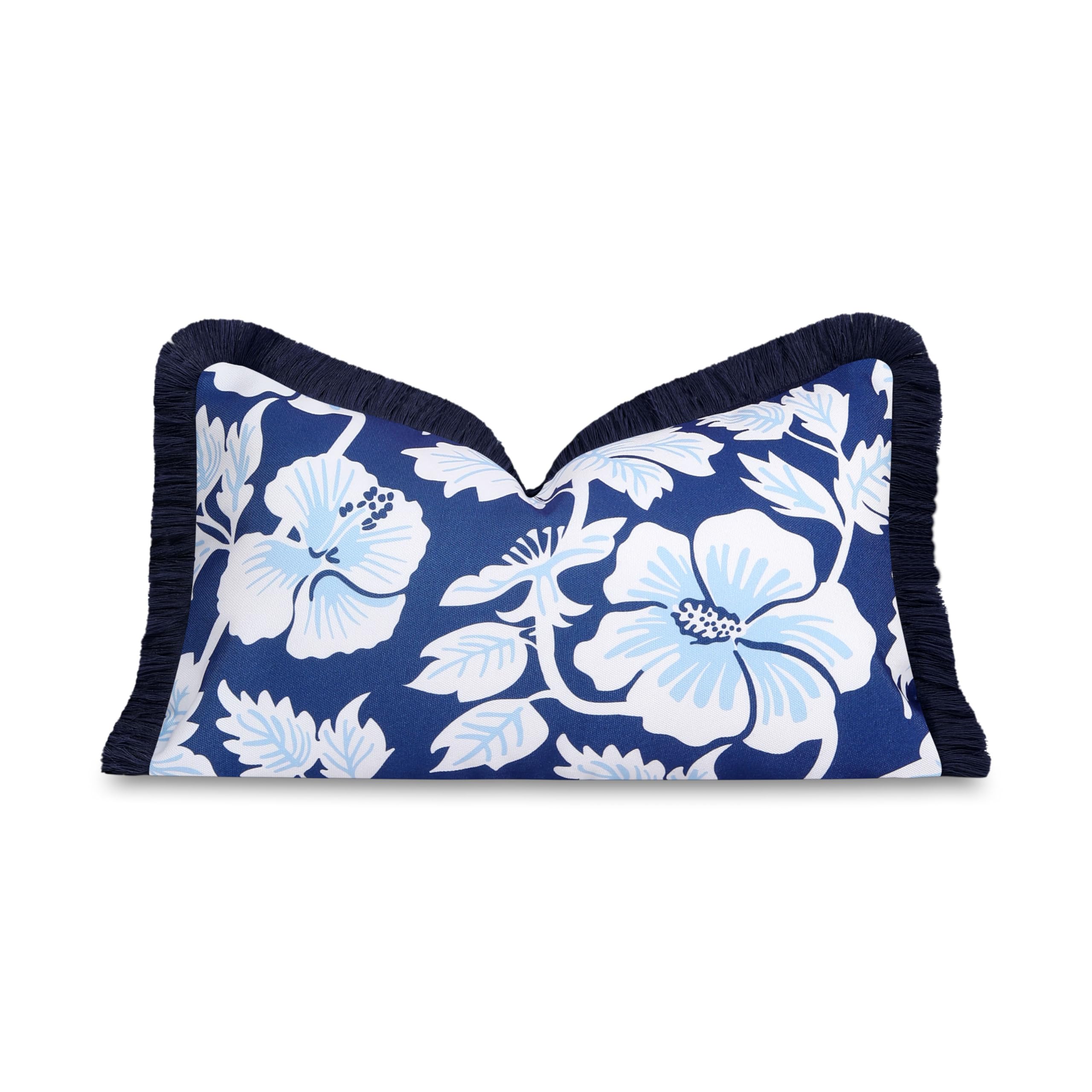 Hofdeco Premium Coastal Patio Indoor Outdoor Lumbar Pillow Cover Only, 12"x20" Water Repellent for Backyard, Couch, Navy Baby Blue Print Tropical