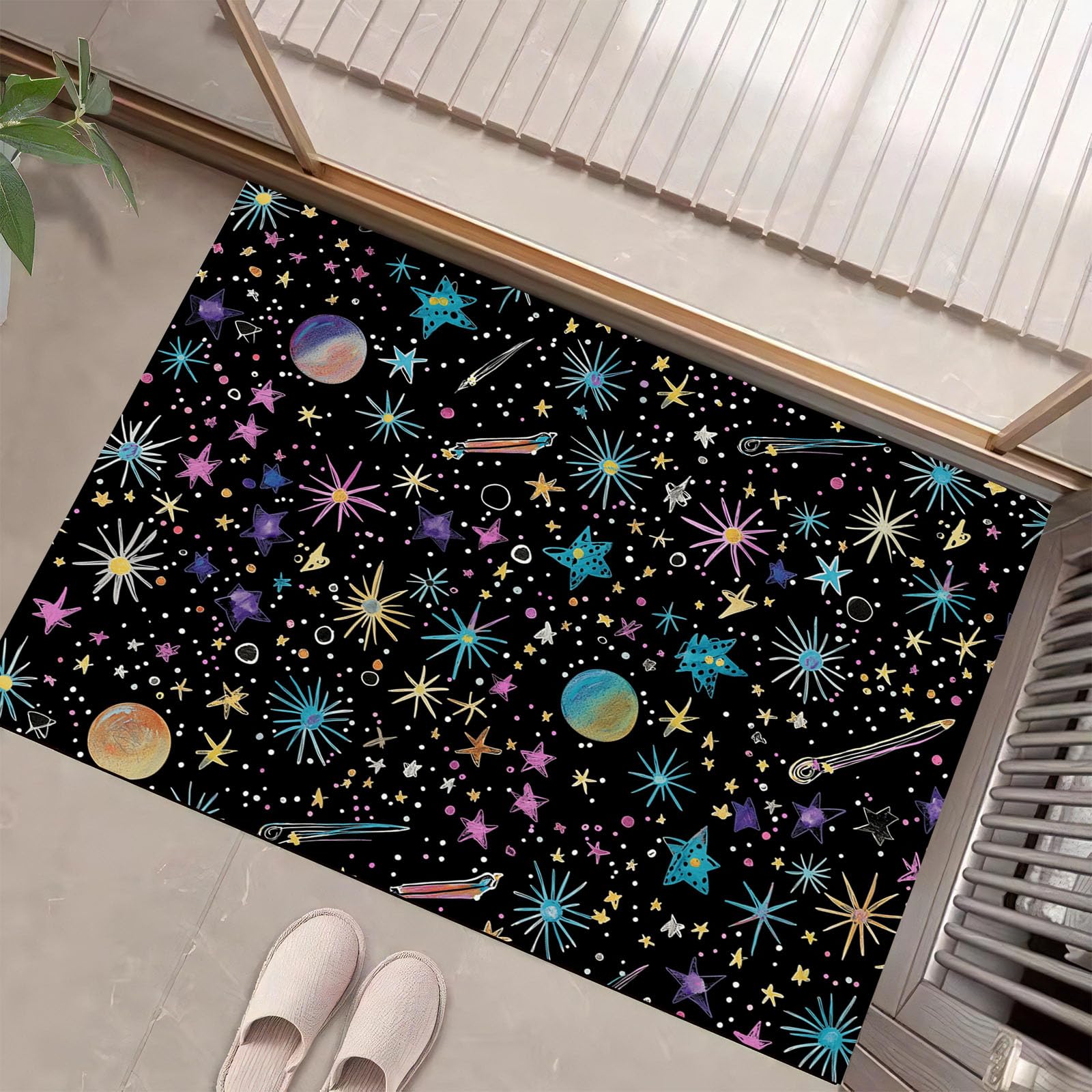 Felpudo de Bienvenida con Estrellas Y Estrellas Fugaces, 80x120cm Felpudo Entrada Casa Graffiti Cielo Estrellado Antideslizante Alfombra Pasillo de Perfil Bajo para Debajo de la Puerta, Negro