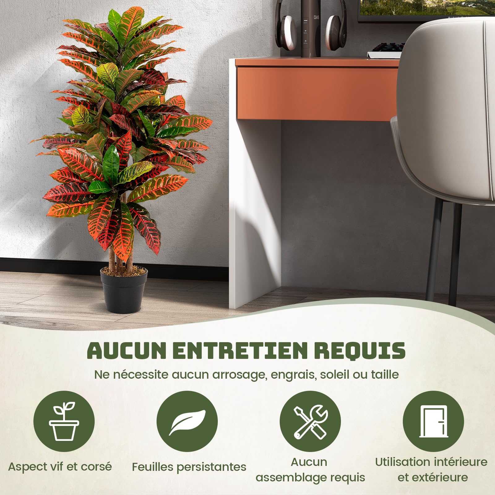 RELAX4LIFE Croton 1M avec Feuilles Panachées Colorées, Troncs Naturels en Bois, Plante Artificielle Plante en Pot avec Pot de Pépinière, Palmier Croton Faux pour Bureau Maison Jardin