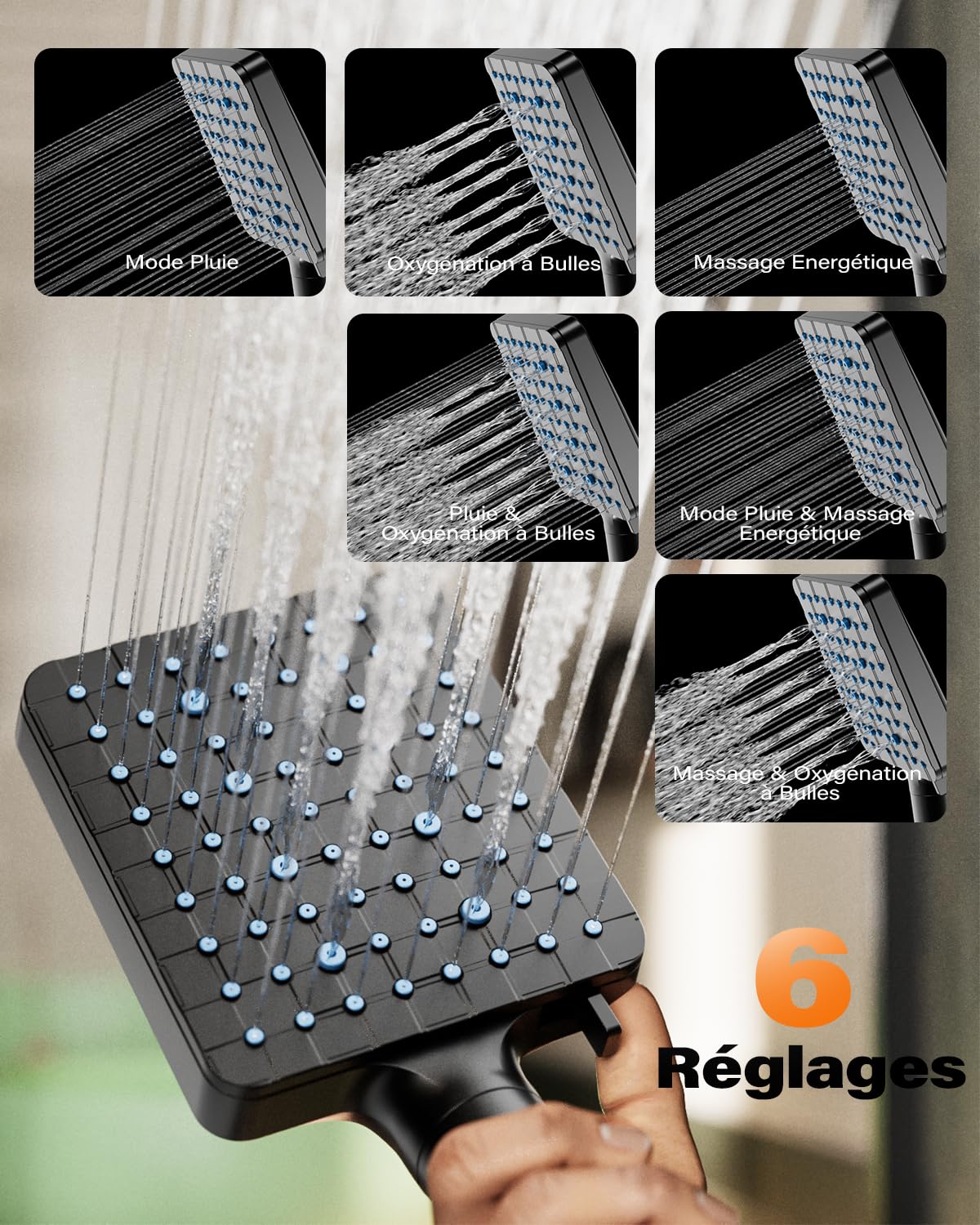 Cobbe Pommeau de douche avec filtre 20 couches pour eau dure 6 jets élimine le chlore et les métaux lourds flexible de 1 5 m inclus noir