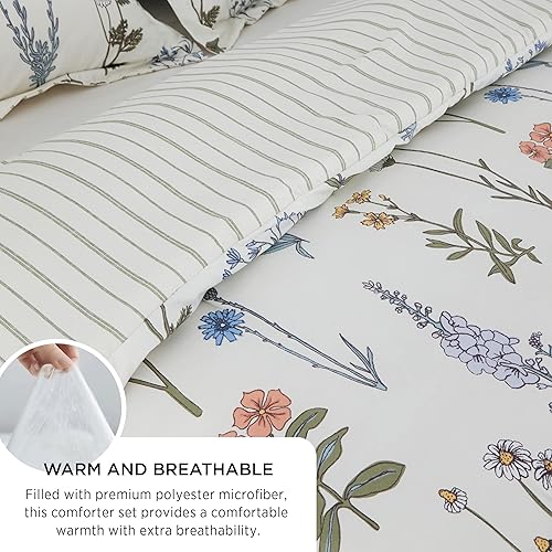 Miniatura 5 de Bedsure Juego de edredón tamaño King – Bonito juego de edredón floral, 3 piezas, 1 edredón reversible suave de flores botánicas blancas de coco