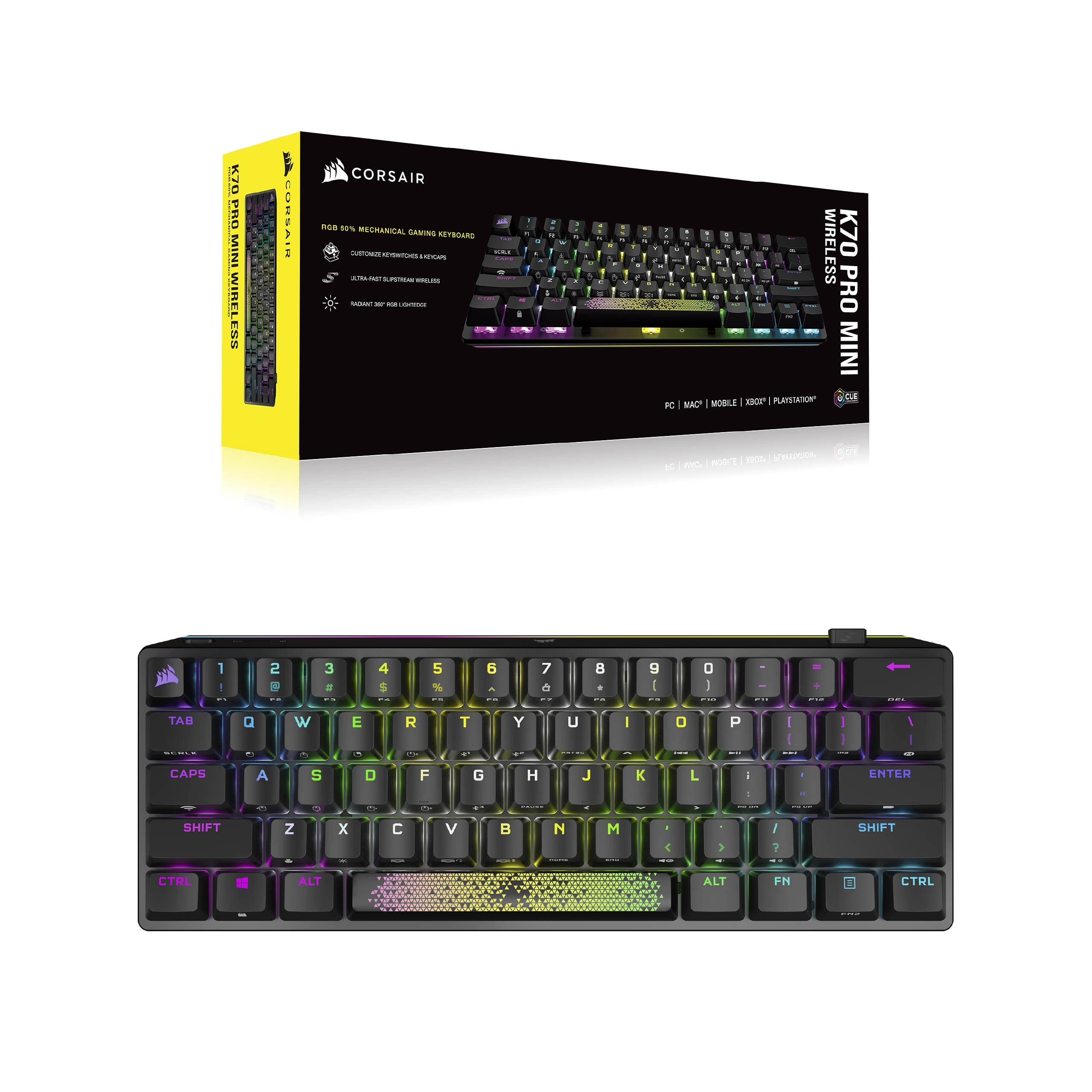 Corsair K70 Pro Mini Wireless 60% Teclado mecánico para Juegos con Teclas de policarbonato (Interruptores de Teclas Cherry MX Red, Retroiluminación LED RGB, Resistente Estructura de Aluminio) Negro