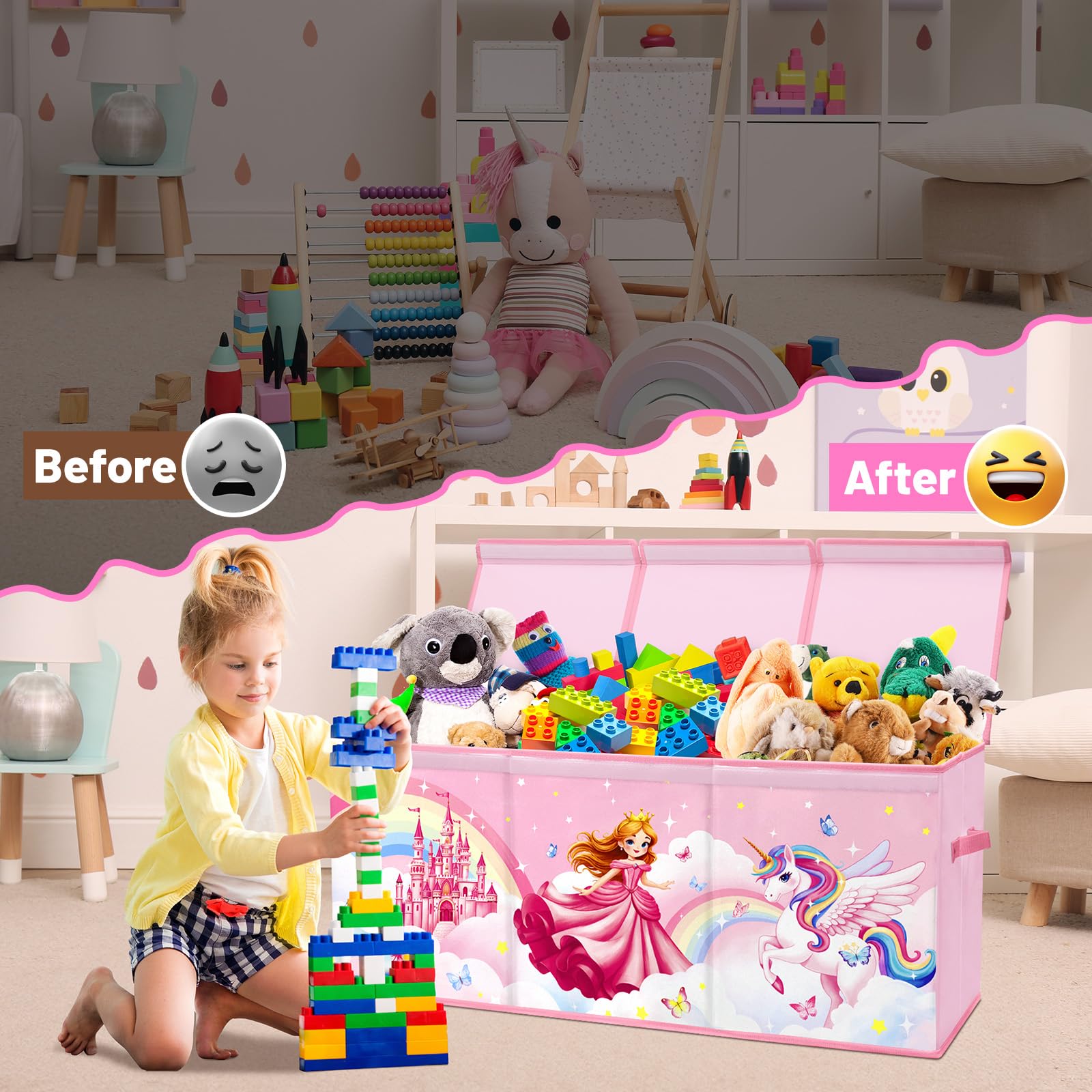 Boîte Rangement Coffre de Jouet,Grand Boîte à jouets avec Couvercle et Poignées pour Enfants Garçons Filles,Pliable Boîte de Rangement Adaptée Aux Chambre, Salle De Jeux,Princesse Licorne