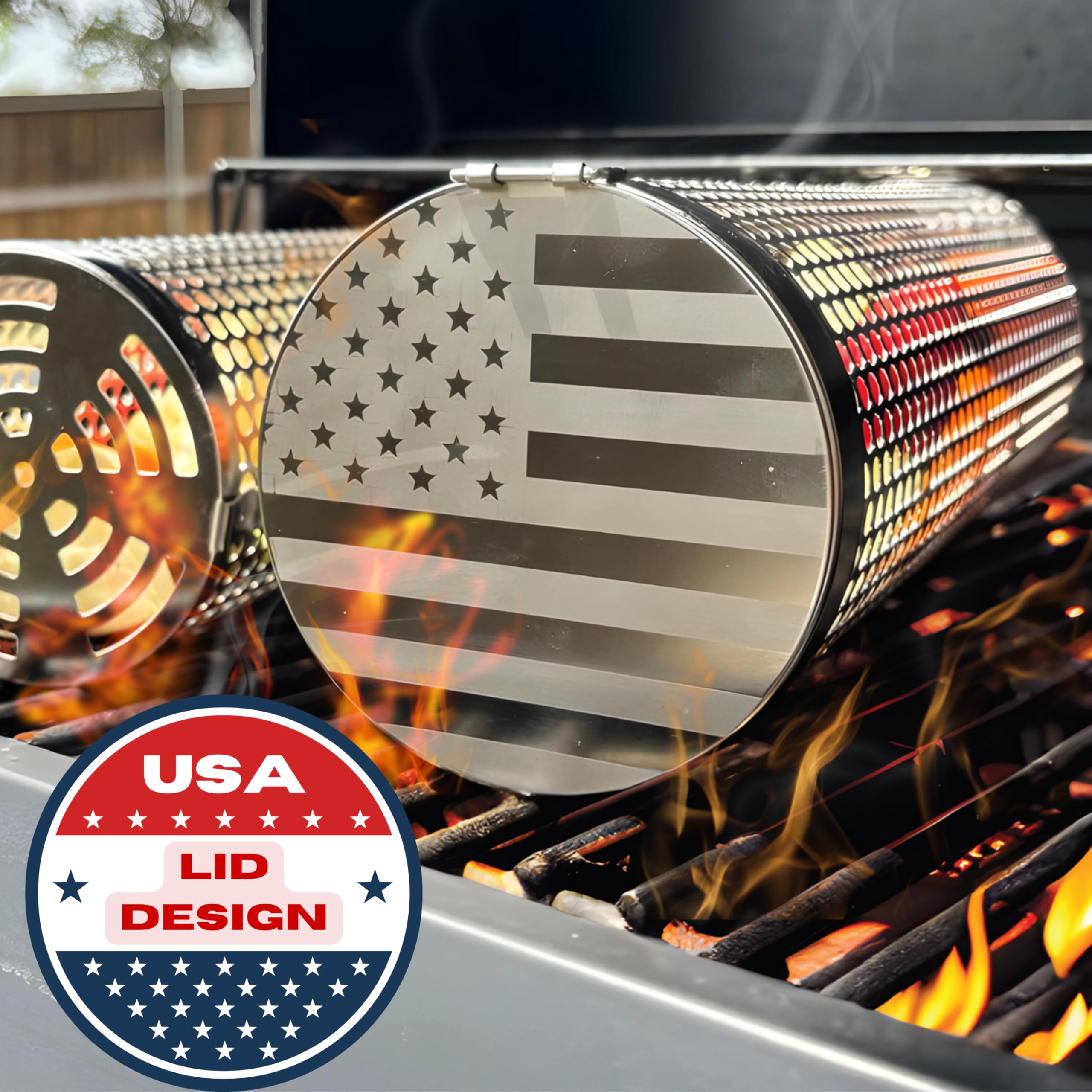 Cestas redondas de gran capacidad para asar (2 piezas) con pestillo de ajuste a presión, cesta XL para parrilla con grabado de la bandera de Estados Unidos, incluye guante de parrilla 8