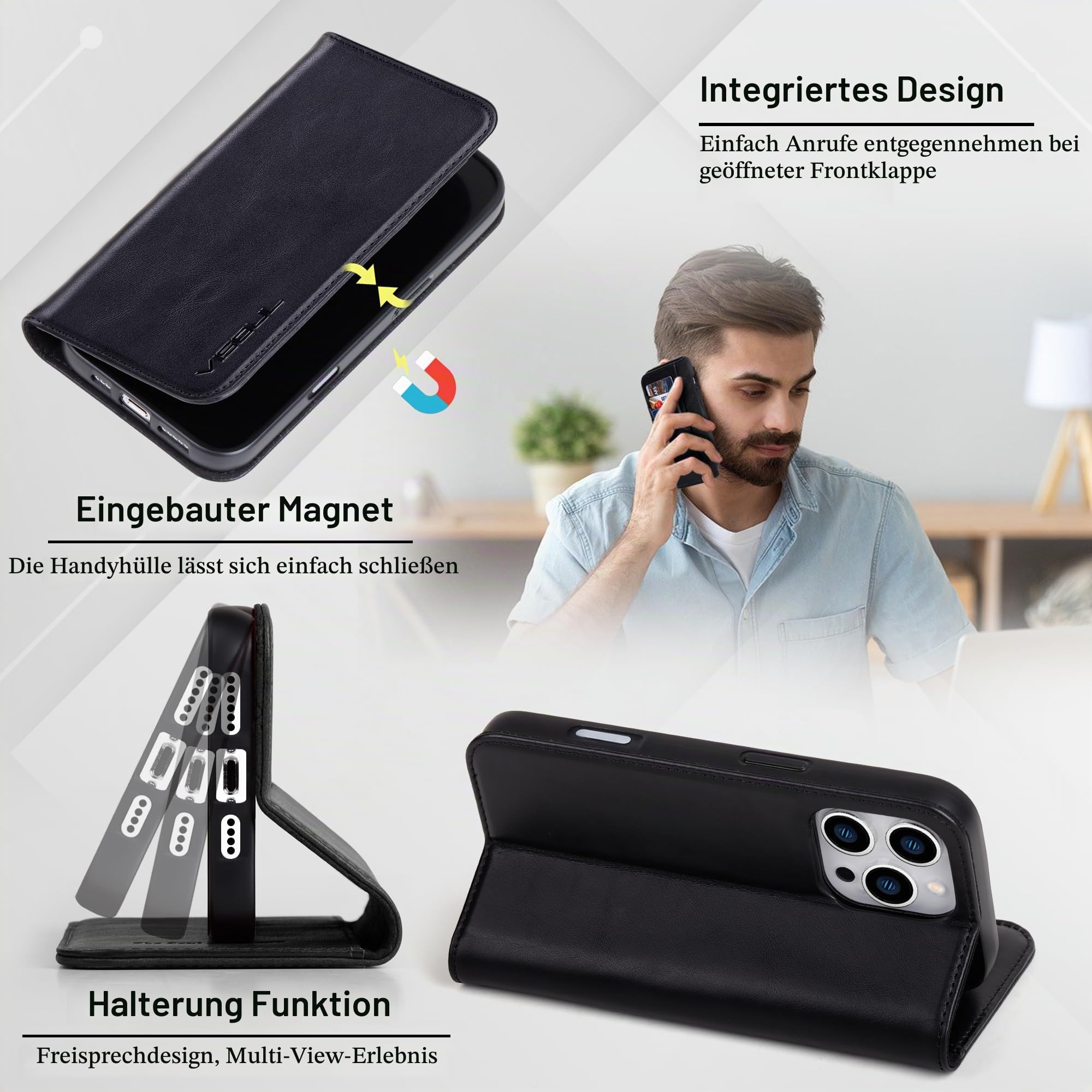VS VISOUL Hülle für iPhone 16 Pro max,Schutzhülle Echt Leder Schützt vor Stoß Kartenfach Magnetverschluss Stand klappbar handyhülle Handytasche Etui Case für iPhone 16 Pro max Schwarz A