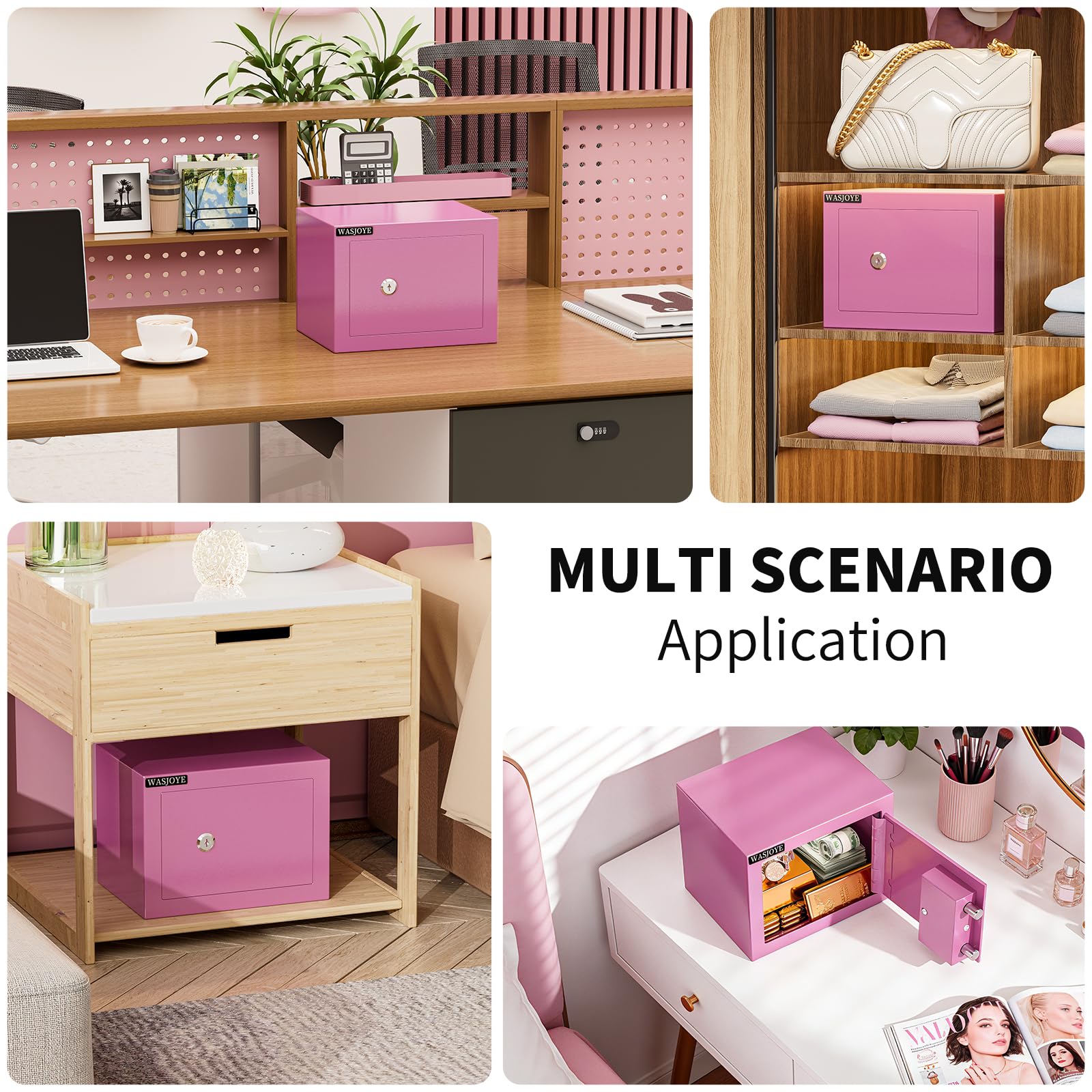 WASJOYE Mini Coffre Fort Domestique,17 * 23 * 17cm Coffre Fort Serrure à clé de Sécurité -Rosa Petit Coffre Fort pour la maison, L'argent, de Documents, de bijoux, de passeports 6.6L