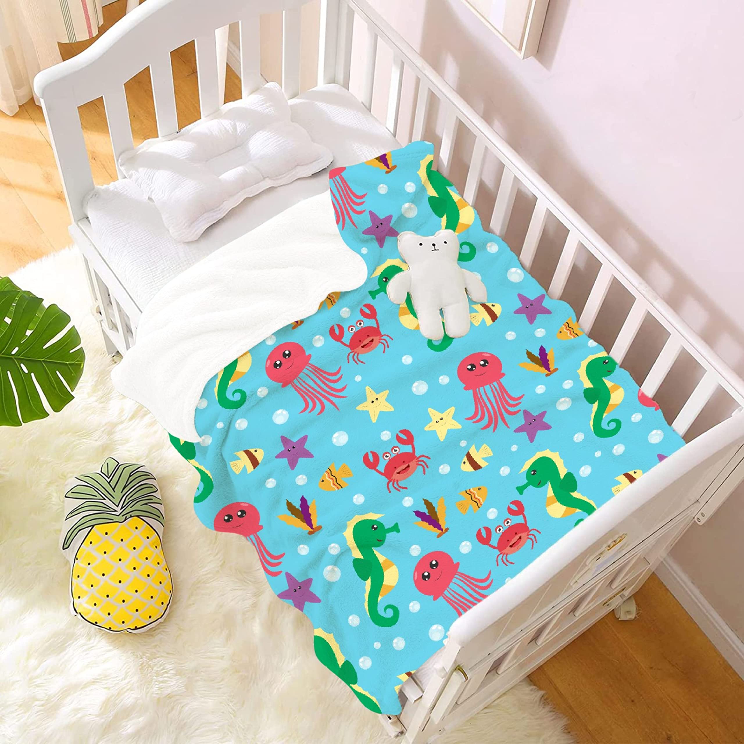 Undersea Watercolor Creatures Throw Blanket, Jellyfish Starfish Christmas Blanket Gift, Ultral Soft Warm Flannel Blanket for Animal Lover Suit for Sofa, Couch, Bed, Travel 60