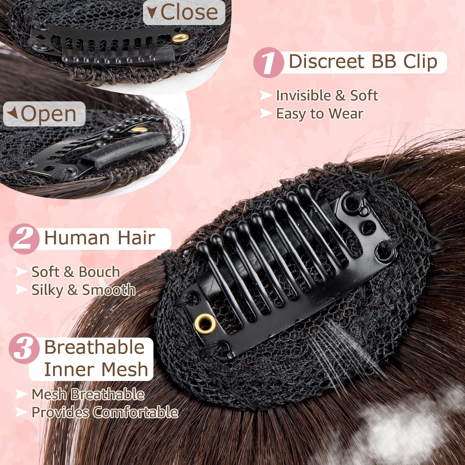 Clip in Bangs 100% Real Human Hair Extensions Wispy Bangs for Women Fake Bangs Clip on Bangs Faux Hair extensions Fringe with Temples (Medium Brown) - Image 3