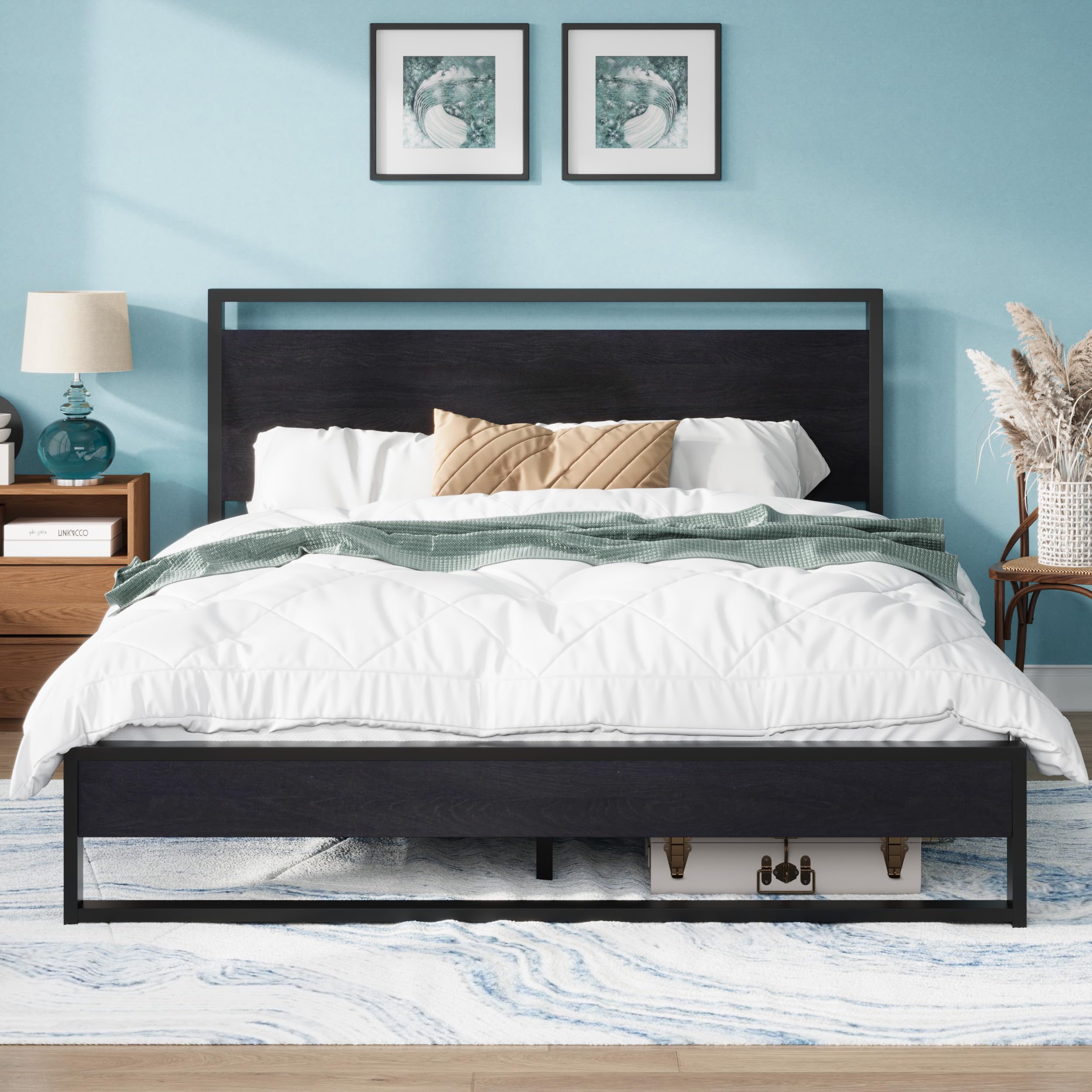 Allewie Sturdy Metal and Wooden Bed Frame with Headboard and Footboard,8.6" Underneath Space, No Box Spring Needed, Modern Design,Black,Full